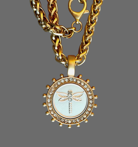 The Aurum Necklace: OOAK Beautiful matte gold wheat chain with dragonfly pendant