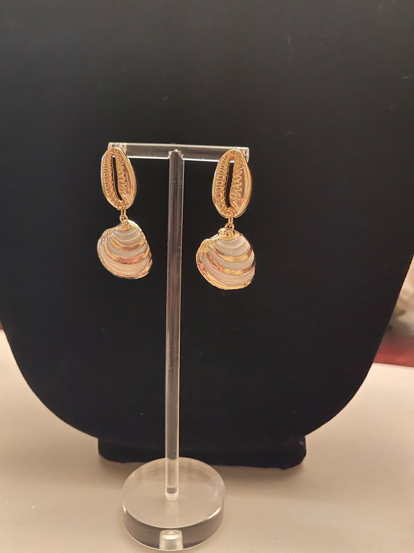 Cowrie & Conch Shell Earrings: Gold Plated with Gold Paint Stripe on Natural Shell