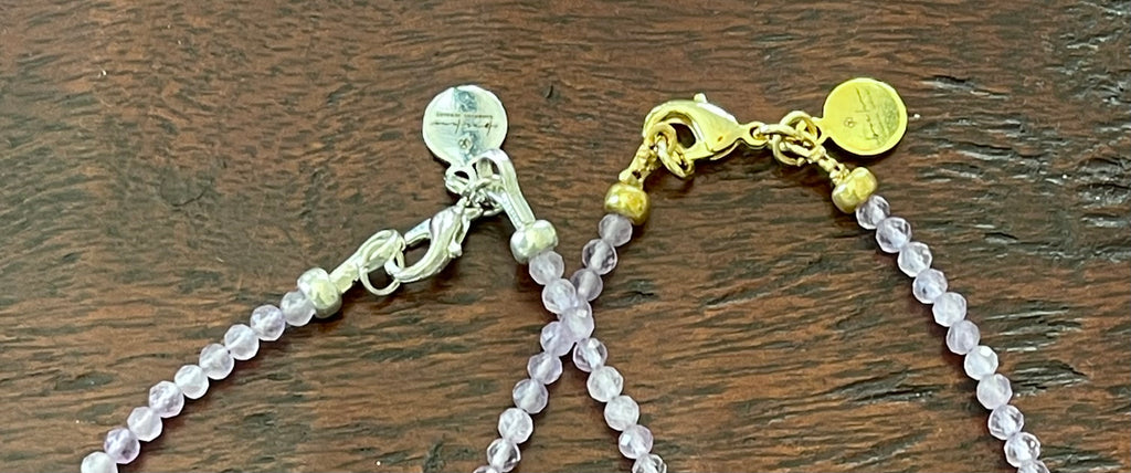 The Amethyst Skinny: Faceted Amethyst gemstones with a bow charm in Gold or Silver