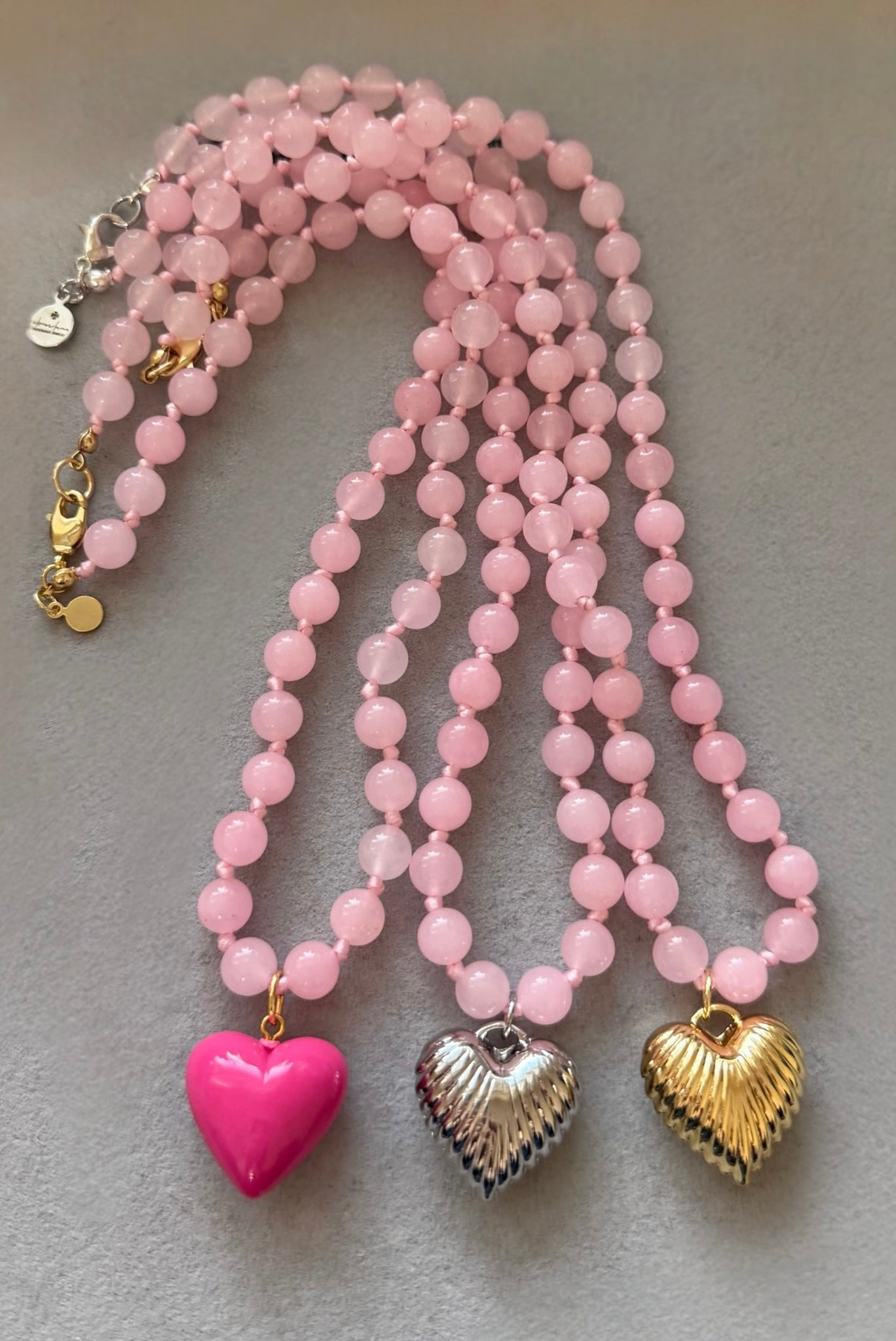 La Vie en Rose necklace: Rose Quartz round beads with choice of Heart pendant