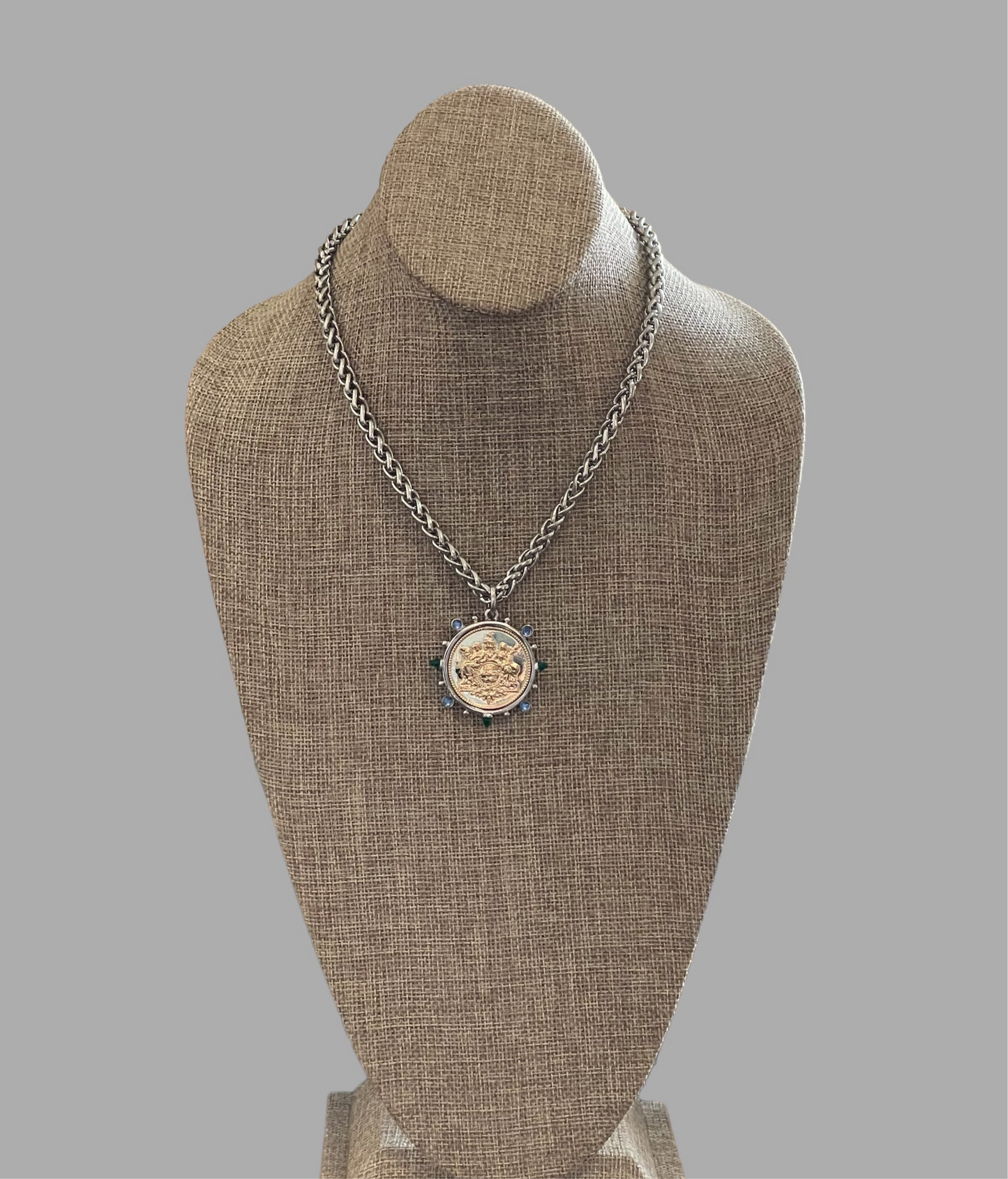 Le Monde Necklace: Rhodium Silver Wheat Chain with Silver & Gold French Replica Coin Pendant