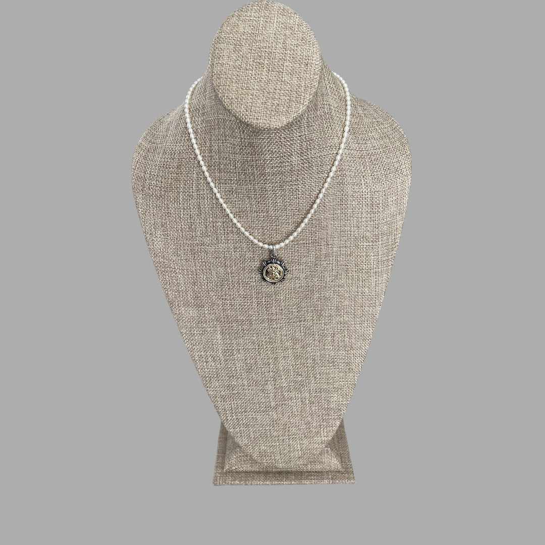 Bee Happy II Necklace: A Freshwater Pearl Necklace w a Silver/Gunmetal/Gold French Bee Coin Pendant