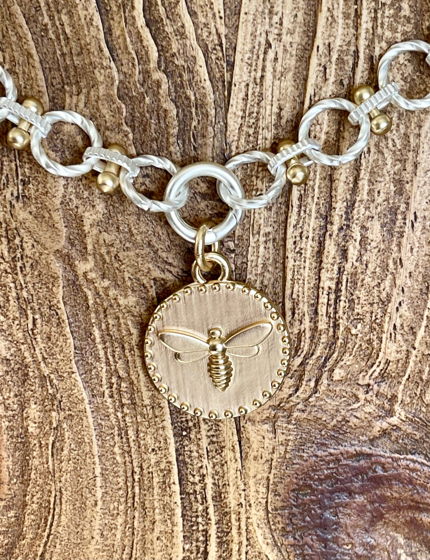 Honey Bee Mine Necklace: Brushed Silver and Gold Plated with Bee Charm Front Closure Clasp OOAK