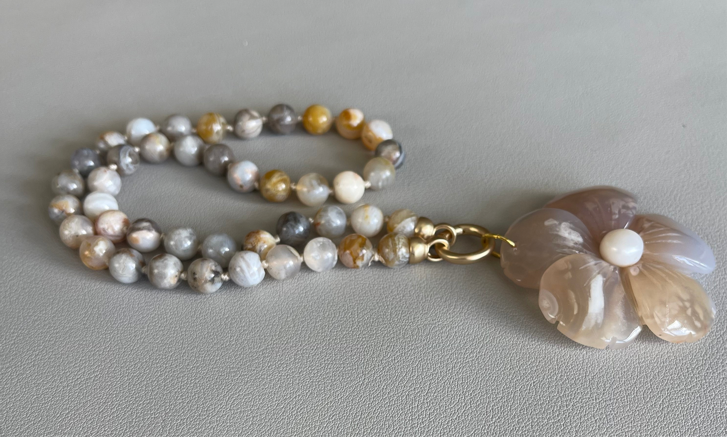 Waikiki Weekend Necklace: Bamboo Agate Hand Knotted w Flower Agate Hand Carved Pendant w Pearl