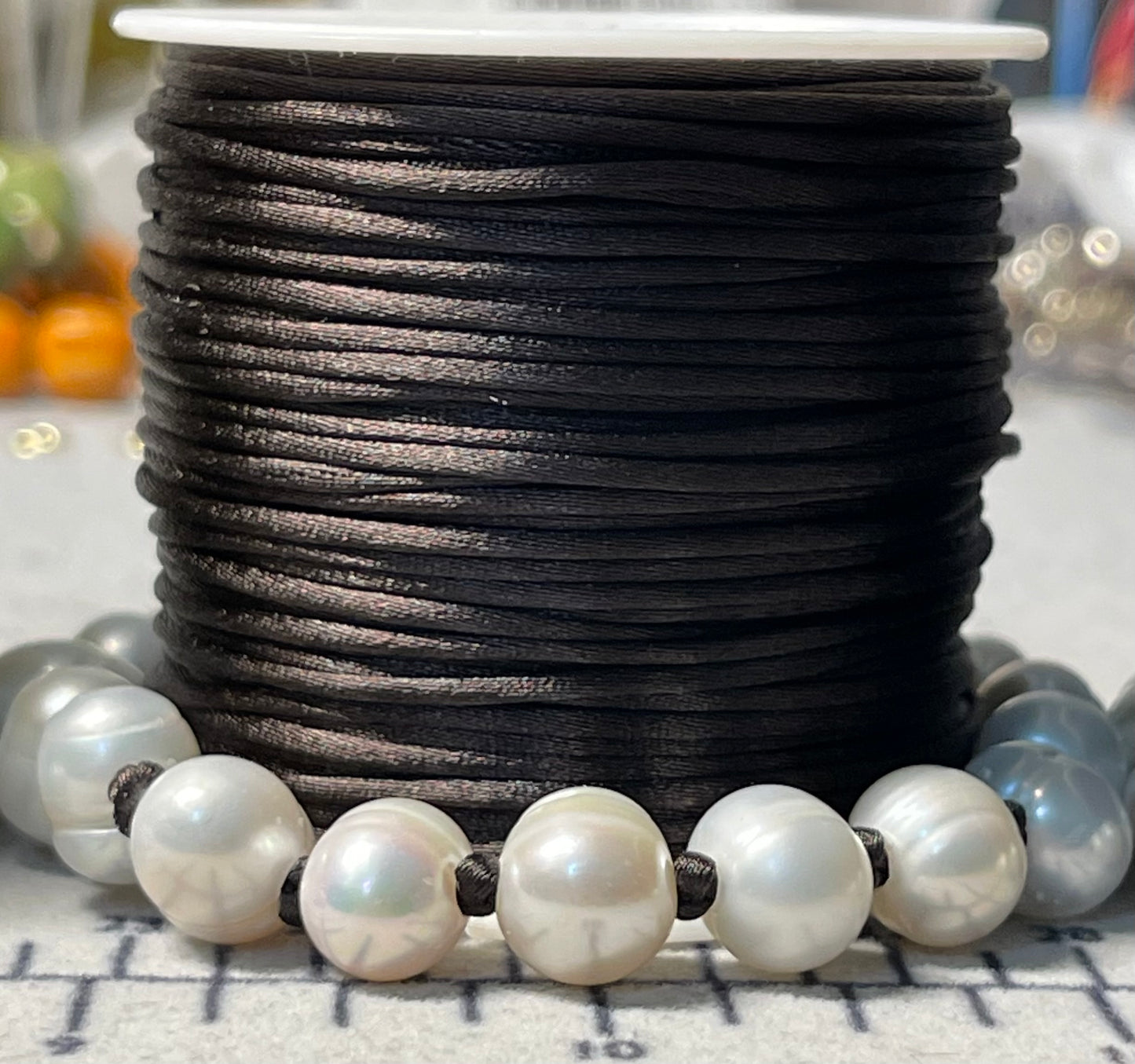 Satiny Pearls Bracelet: Freshwater Pearls Hand Knotted on Satin Cord in Stunning Fall/Winter Tones Gold or Silver Clasp