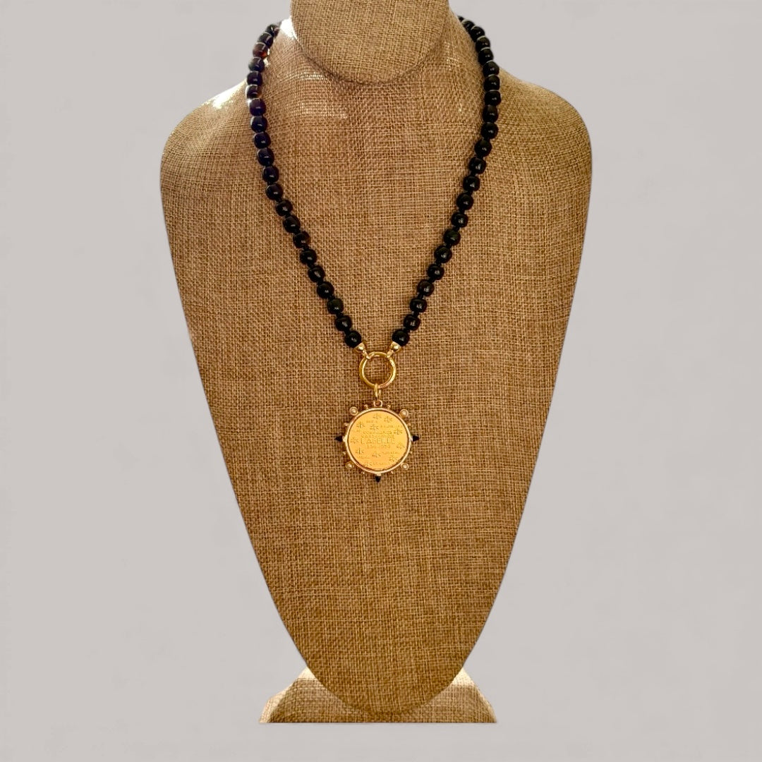Très Chic Necklace: Hand knotted Black Onyx beads with a French Replica Vintage Pendant OOAK