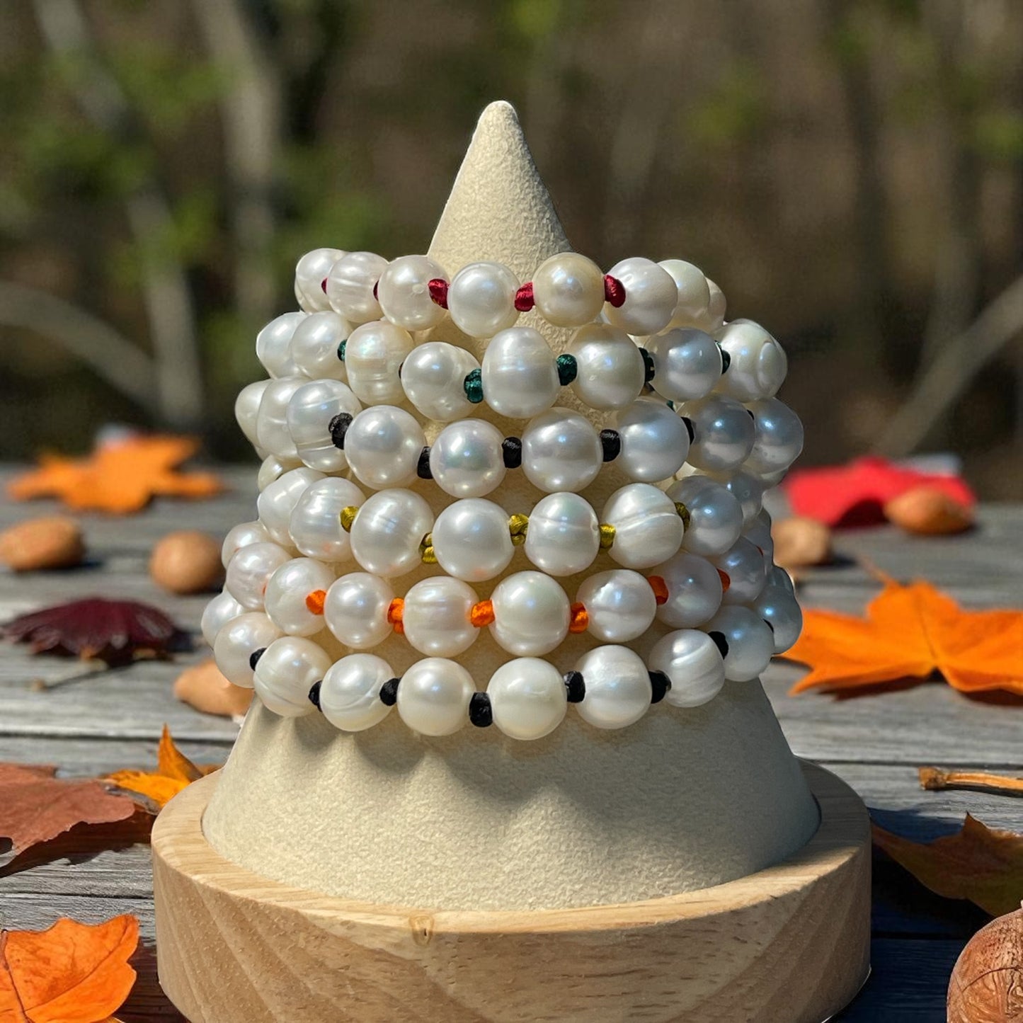 Satiny Pearls Bracelet: Freshwater Pearls Hand Knotted on Satin Cord in Stunning Fall/Winter Tones Gold or Silver Clasp