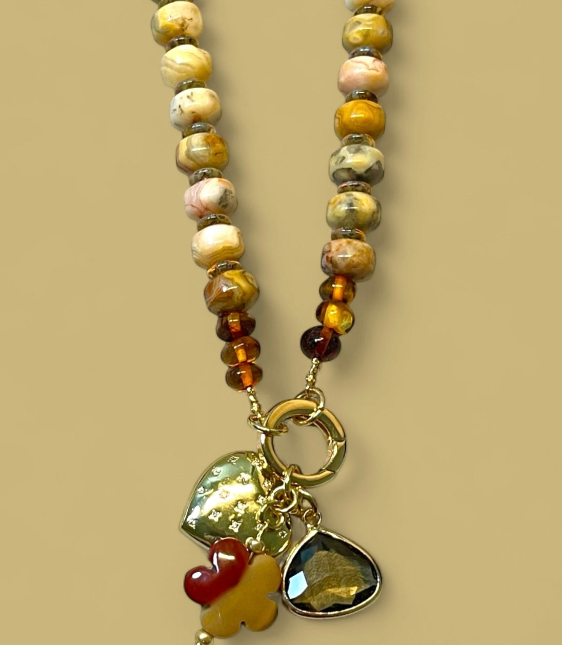 Autumn’s Embrace Necklace: Crazy Lace Agate natural stones in warm tones, Accented w Czech glass, Baltic stones and Gold charms