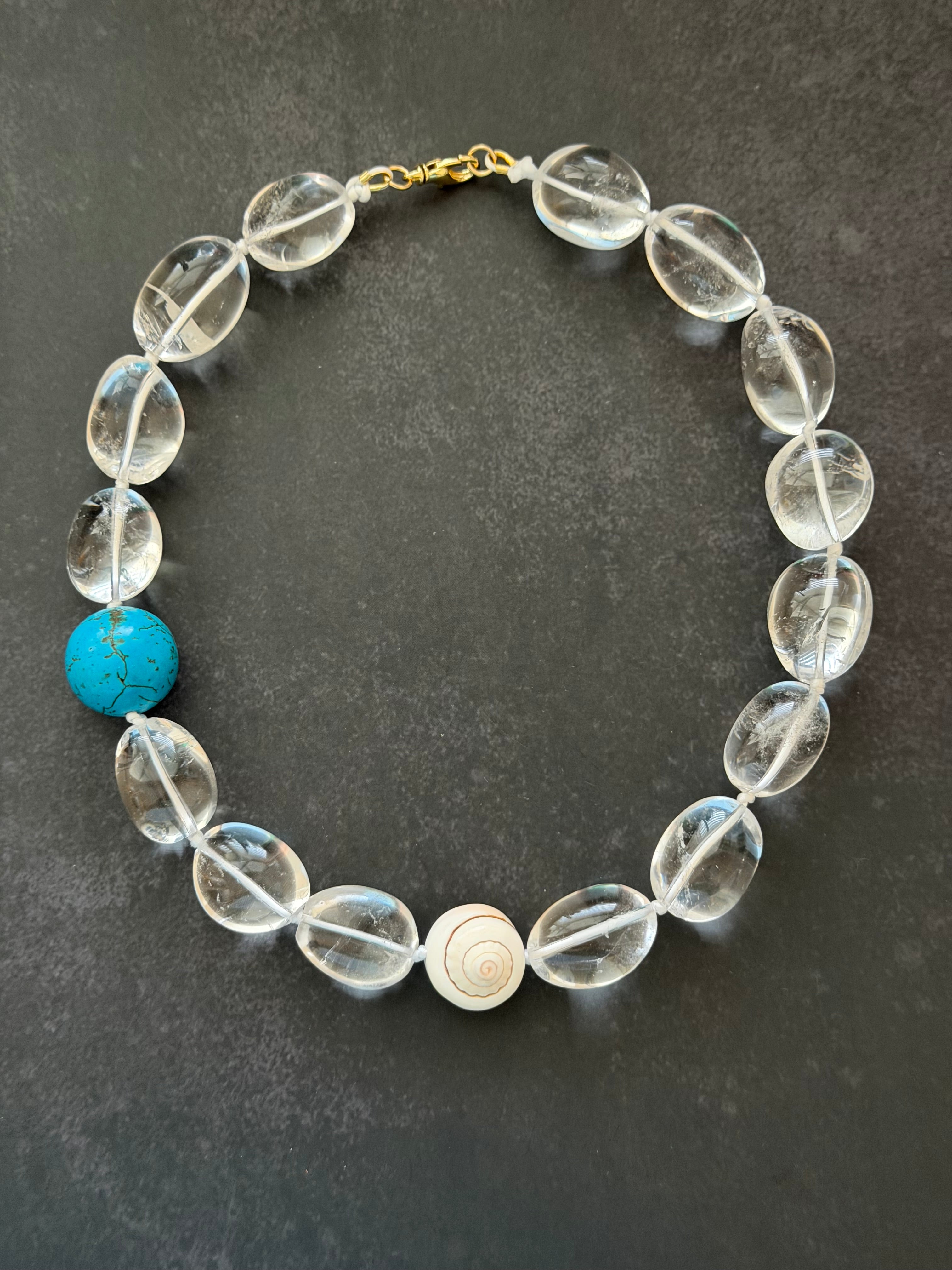 The Ocean Ice Necklace: Clear Quartz with Shiva shell and Turquoise accent