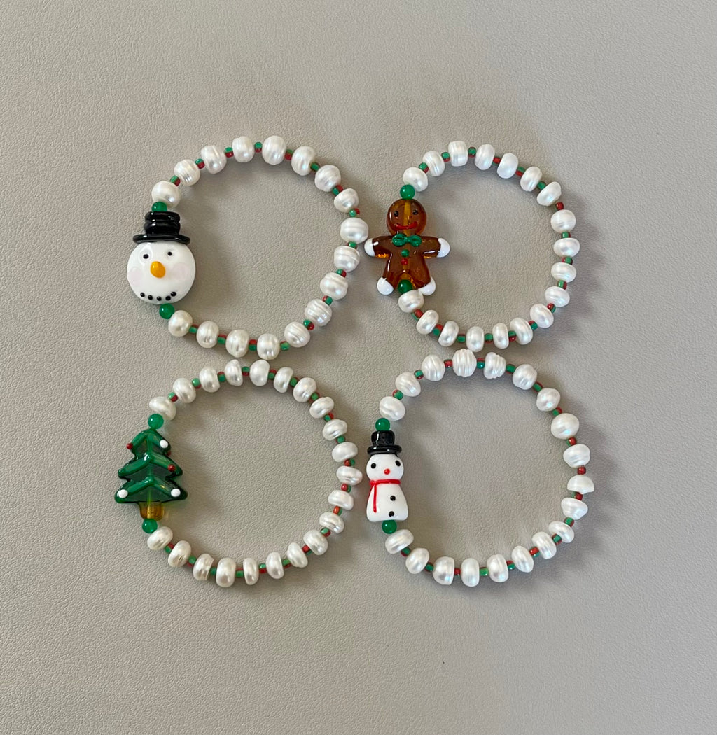 Holiday Snowball Bracelets: Hand painted glass centerpiece on a Freshwater Pearl stretch bracelet FREE SHIPPING