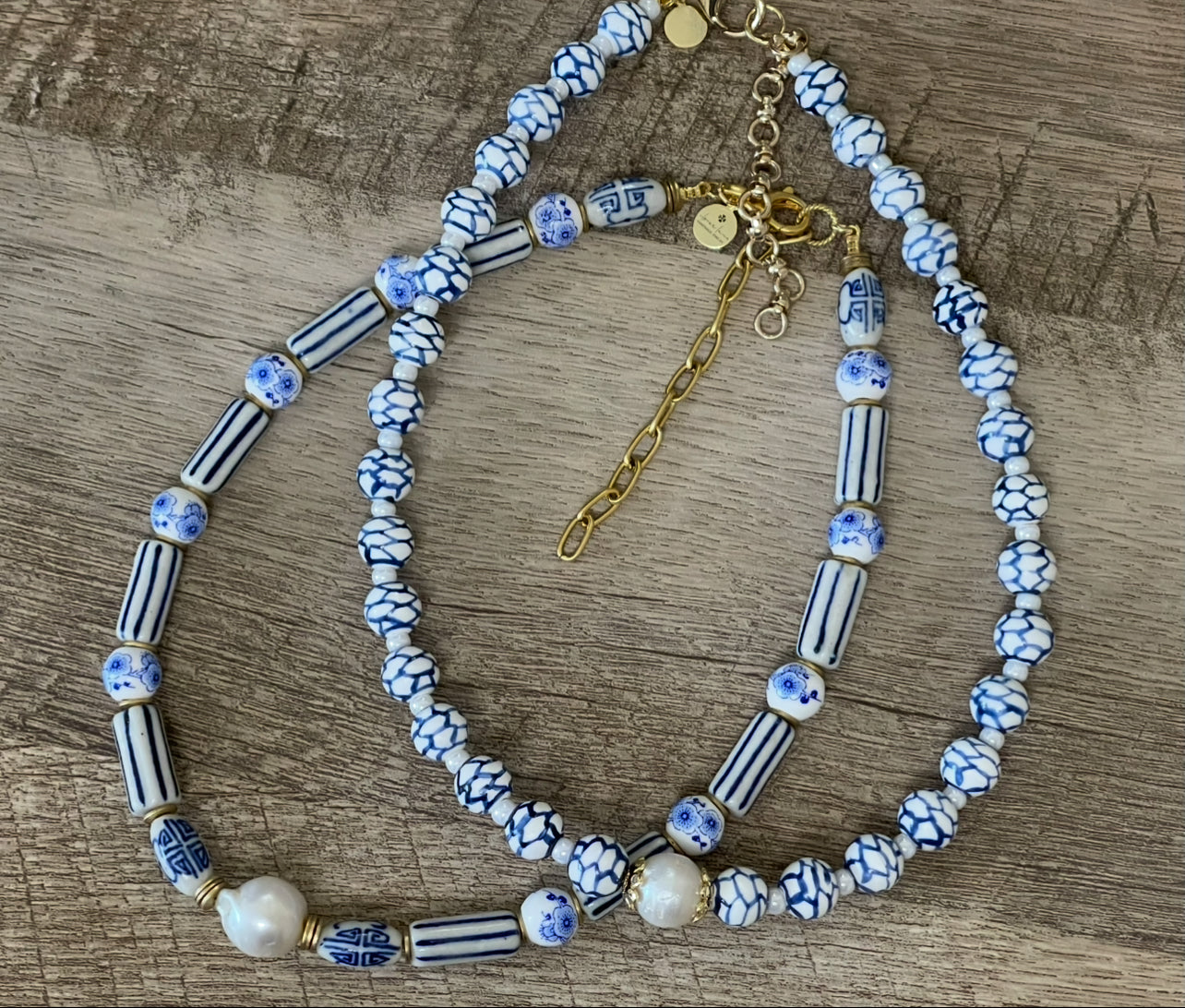 Indigo Lattice Necklace: Blue and white ceramic beads w pearlized glass spacer beads, Baroque Pearl center 14k accents & clasp OOAK