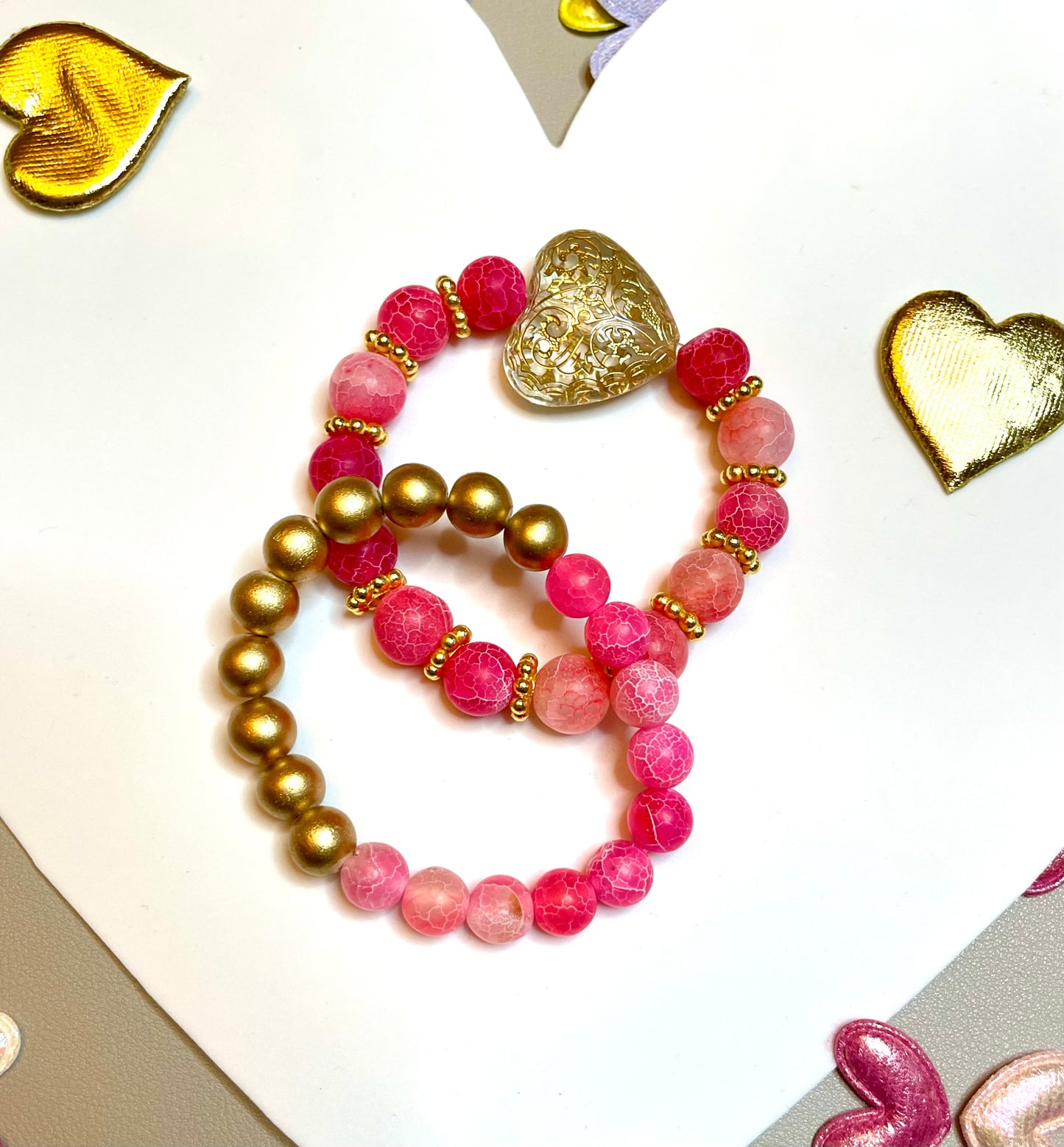 OOAK Hot Pink & Gold Glass Stack (2) Hot pink ombré crackled glass beads with gold accent beads of wood and brass, jumbo engraved acrylic heart