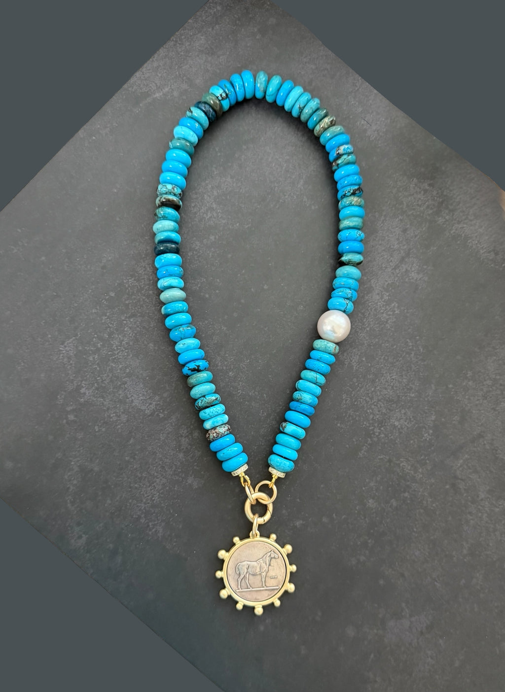 The Saddle & Stone Necklace: Turquoise, Baroque Pearl and Matte Gold OOAK
