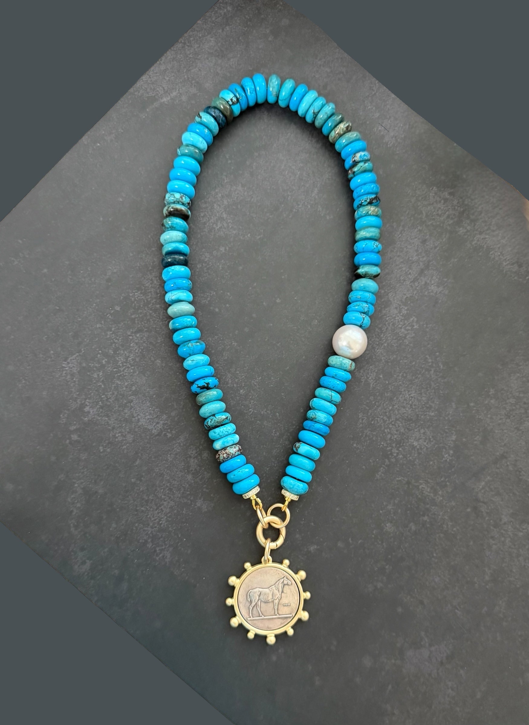 The Saddle & Stone Necklace: Turquoise, Baroque Pearl and Matte Gold OOAK