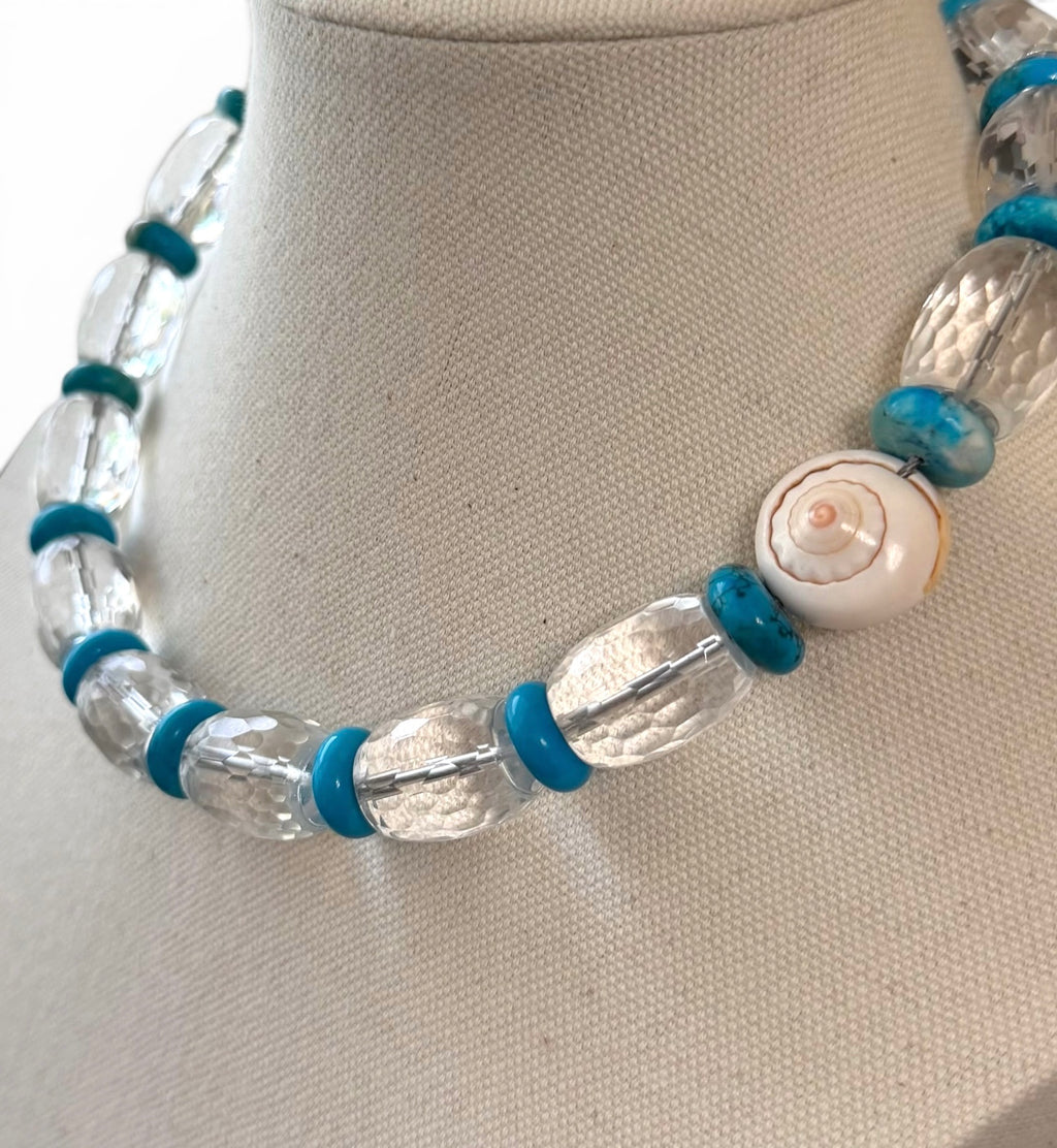 The Solstice Tide Necklace: faceted clear quartz and turquoise OOAK