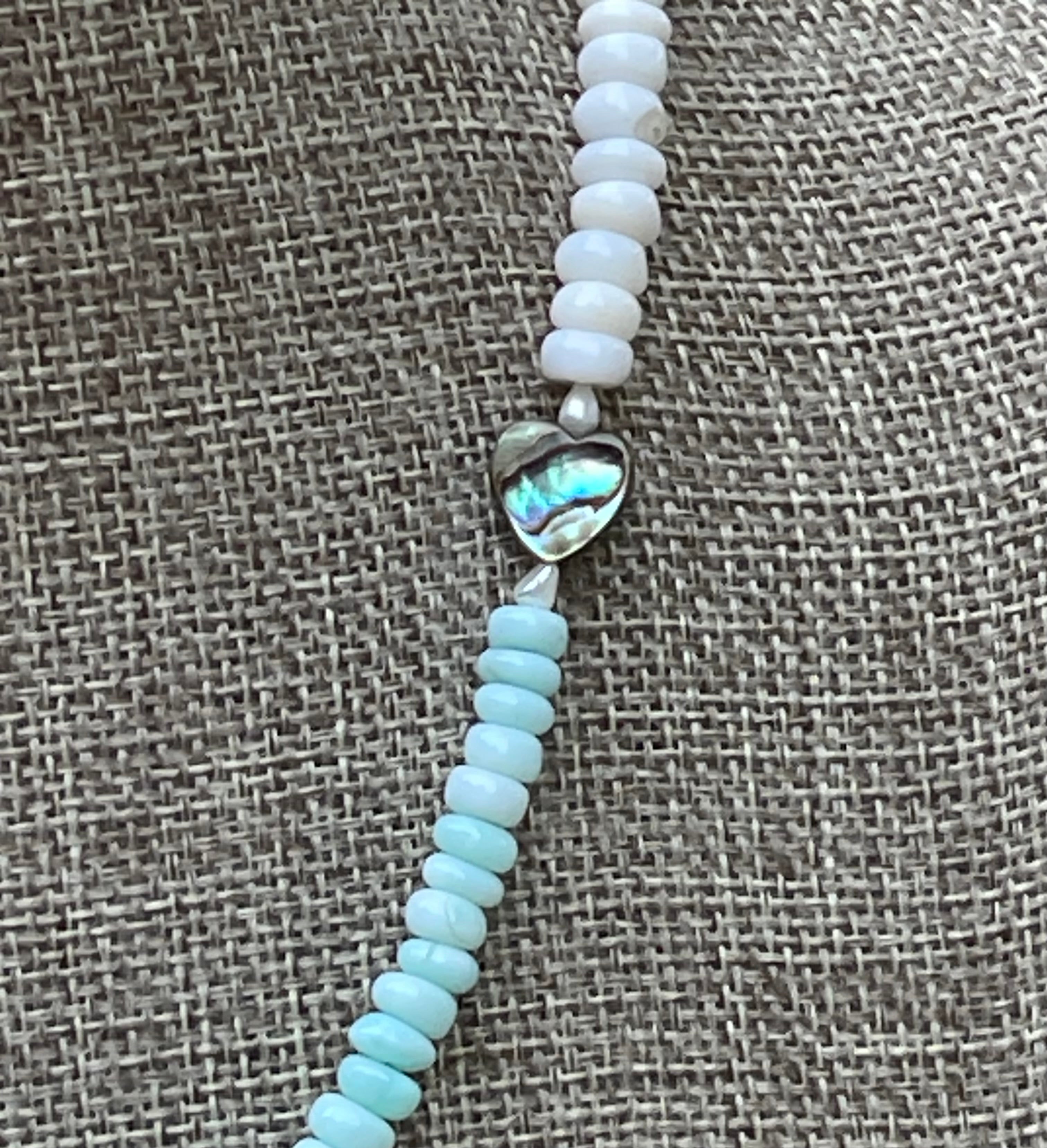 Abalone Hearts Necklace:Peruvian blue &white Opals Abalone shell 🩵 Baroque Pearl OOAK
