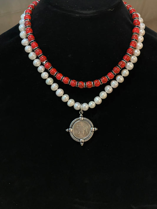 Go Dawgs Necklace: Hand-knotted Freshwater Pearls layered with Red & black marbled beads accented by black sparkling spacer beads and a chic coin-style Bulldog pendant Pinch clasp