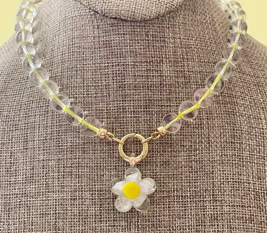 Bright Bubble Necklace: Clear Glass Bubble Beads Handknotted on Neon Yellow Silk Thread Gold Circle Clasp Handmade Glass Daisy Pendants 2 Bead Options: 8mm or 10mm