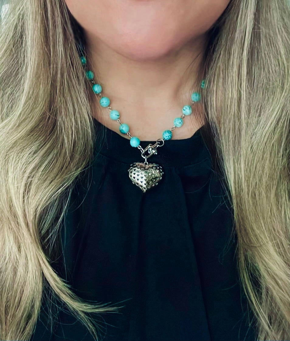 Turquoise Heartbeat Necklace: Bead-n-Link chain with Silver Trigger clasp and Heart pendant 8mm beads