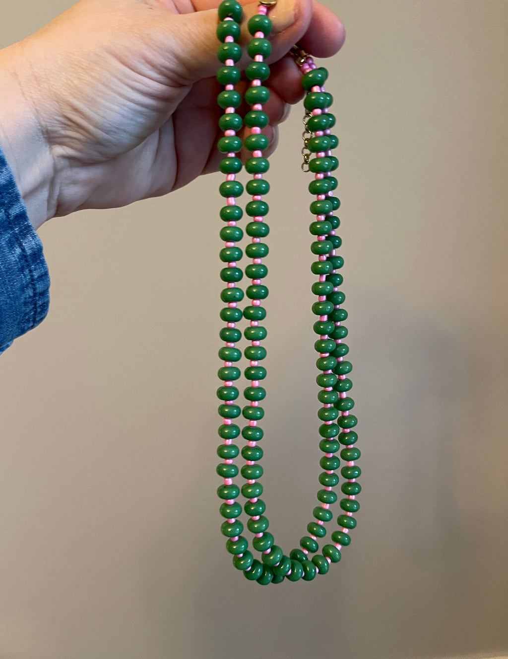 The Poppy Necklace: All glass colorful beads with a gold filled clasp and extender chain