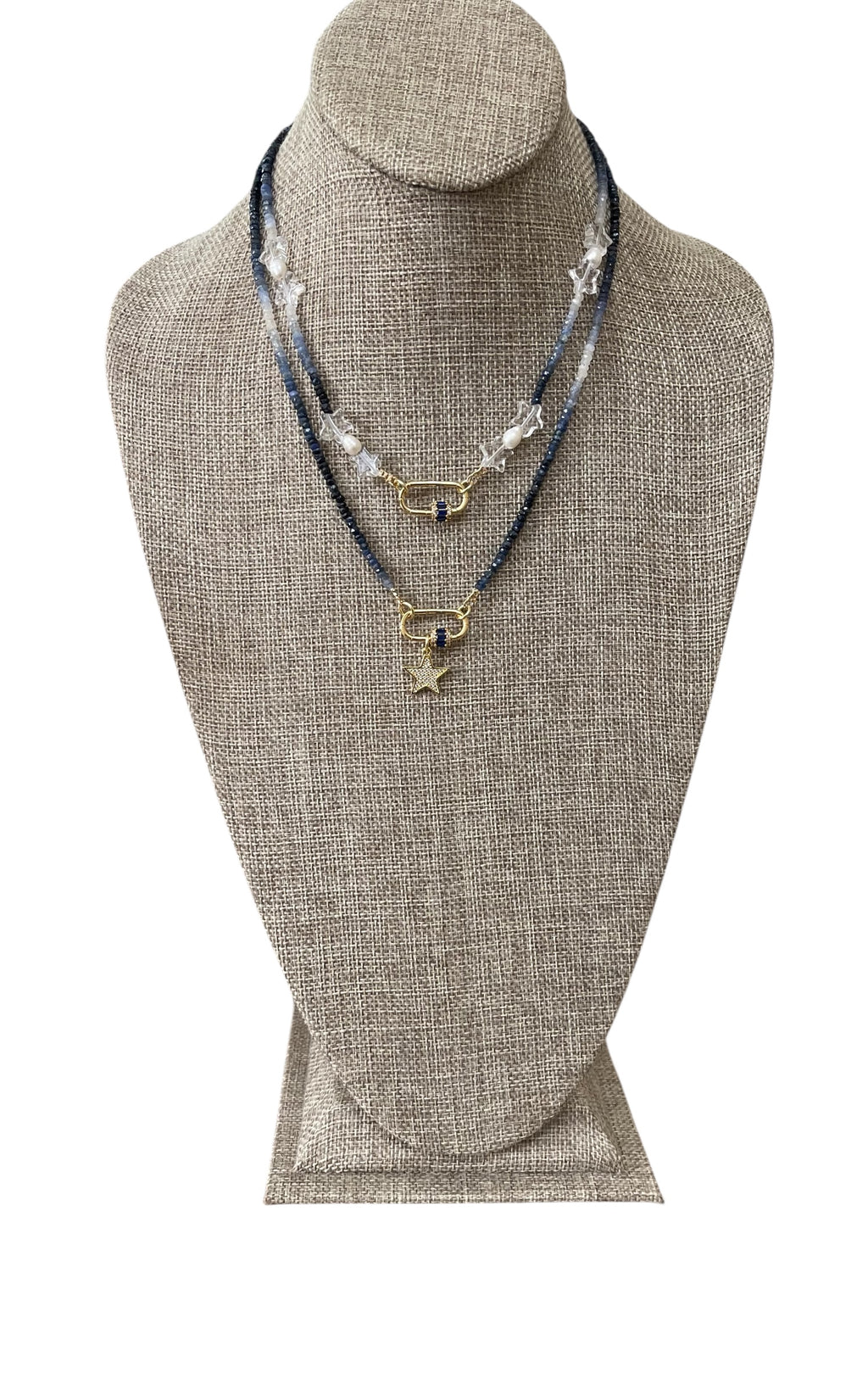 Starry Sky Necklace: Faceted Sapphire Gemstone beads in ombré pattern, Clear Quartz Stars, Freshwater Pearls, Gold clasp w blue CZ OOAK