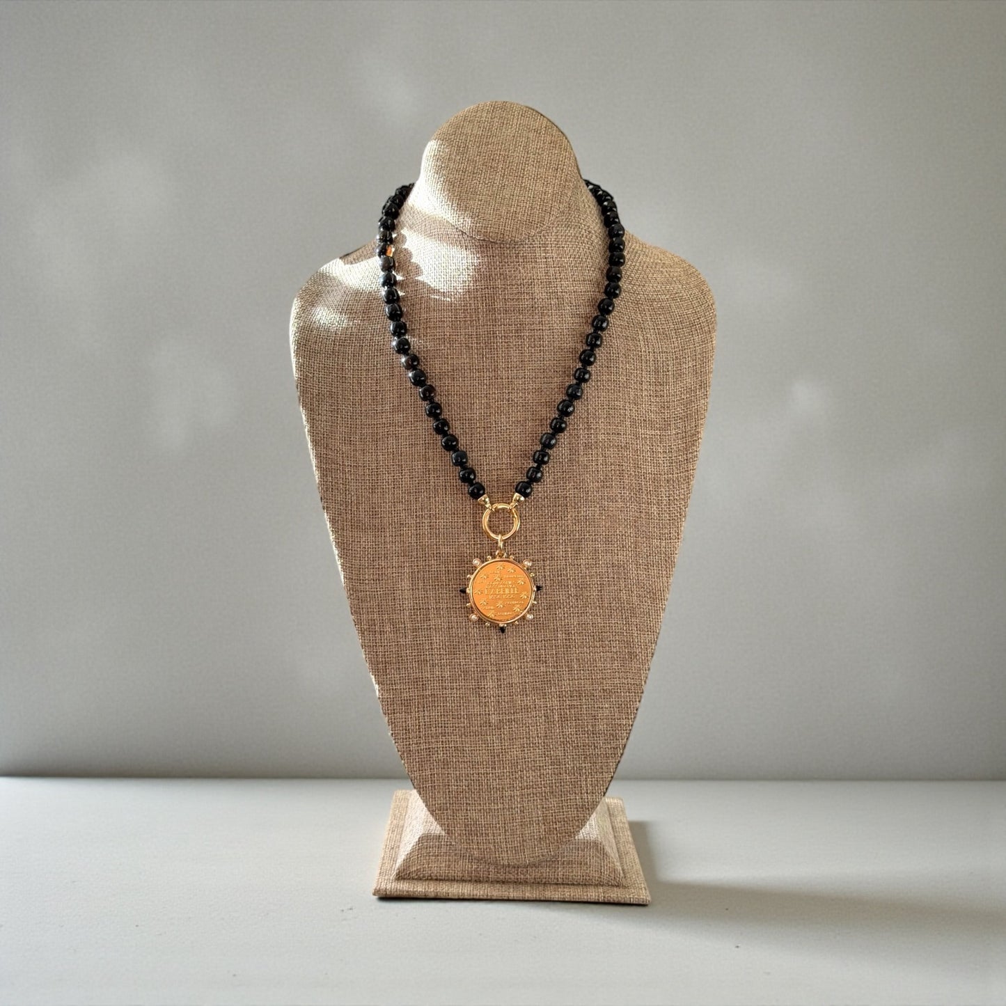 Très Chic Necklace: Hand knotted Black Onyx beads with a French Replica Vintage Pendant OOAK
