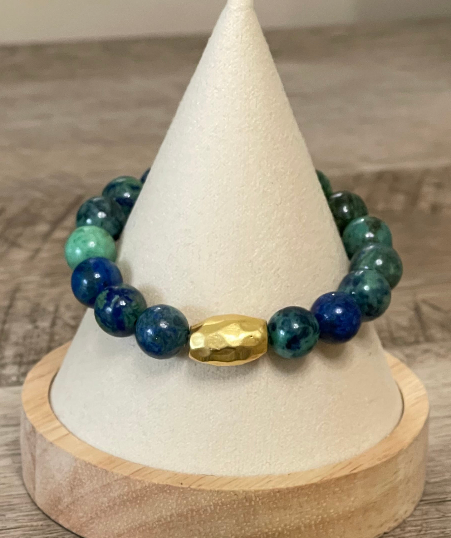 Barrel & Stone Bracelet: Azurite Chrysocholla Gemstone Stretch Bracelet with Gold hammered Artisan bead