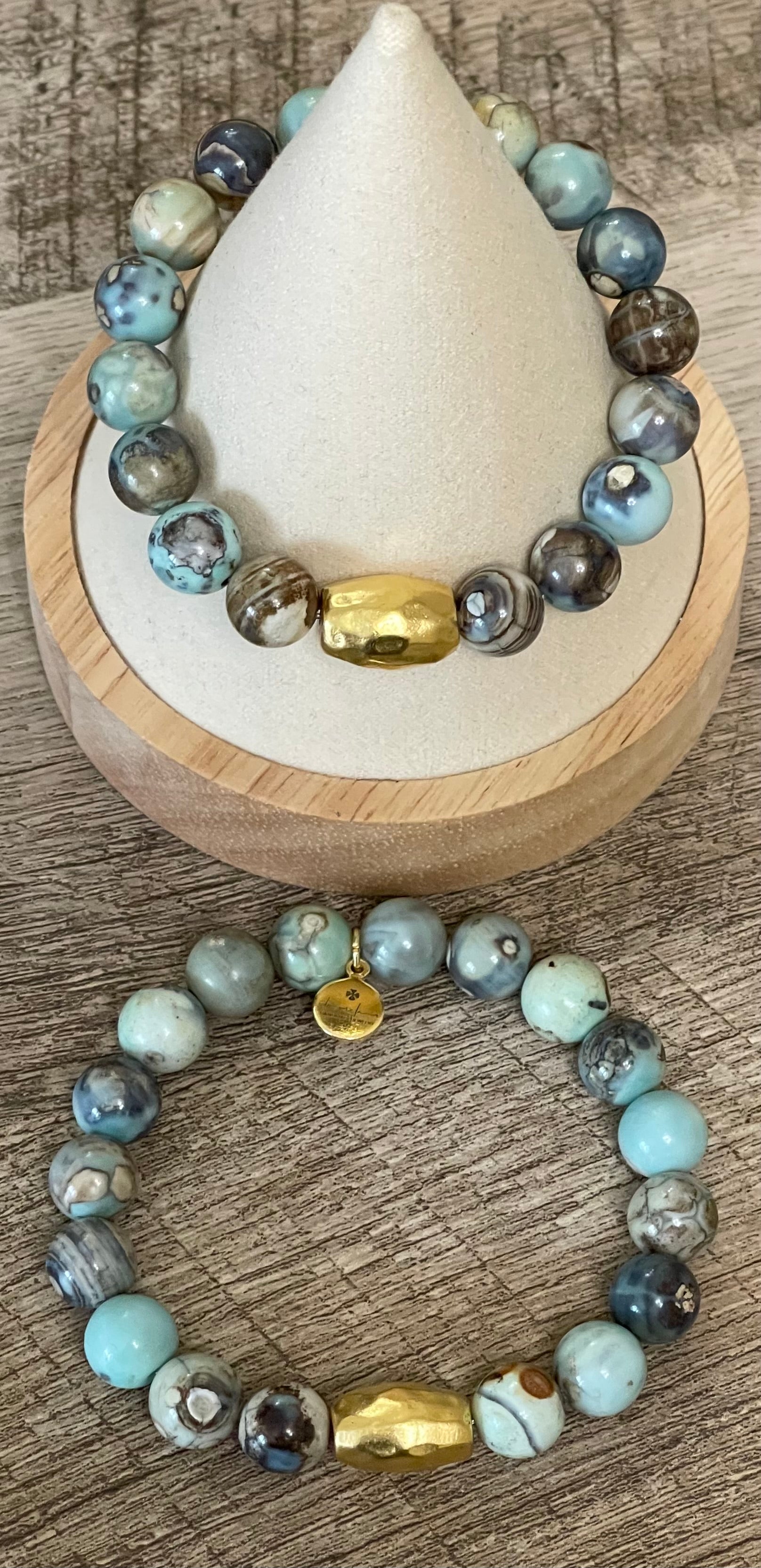 Painted Sky Stretch Bracelet: Blue Crazy Lace Agate beads with Gold hammered Artisan barrel bead