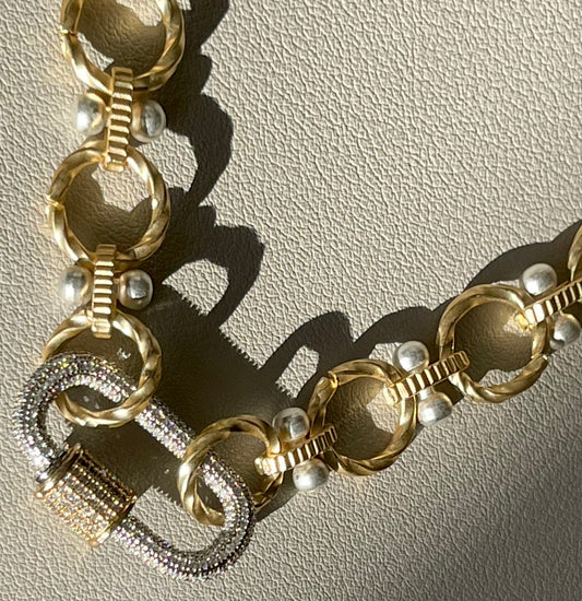 Park Ave Necklace: Brushed Gold Circle Chain w Silver accents and Pavé Mixed Metal Carabiner Clasp