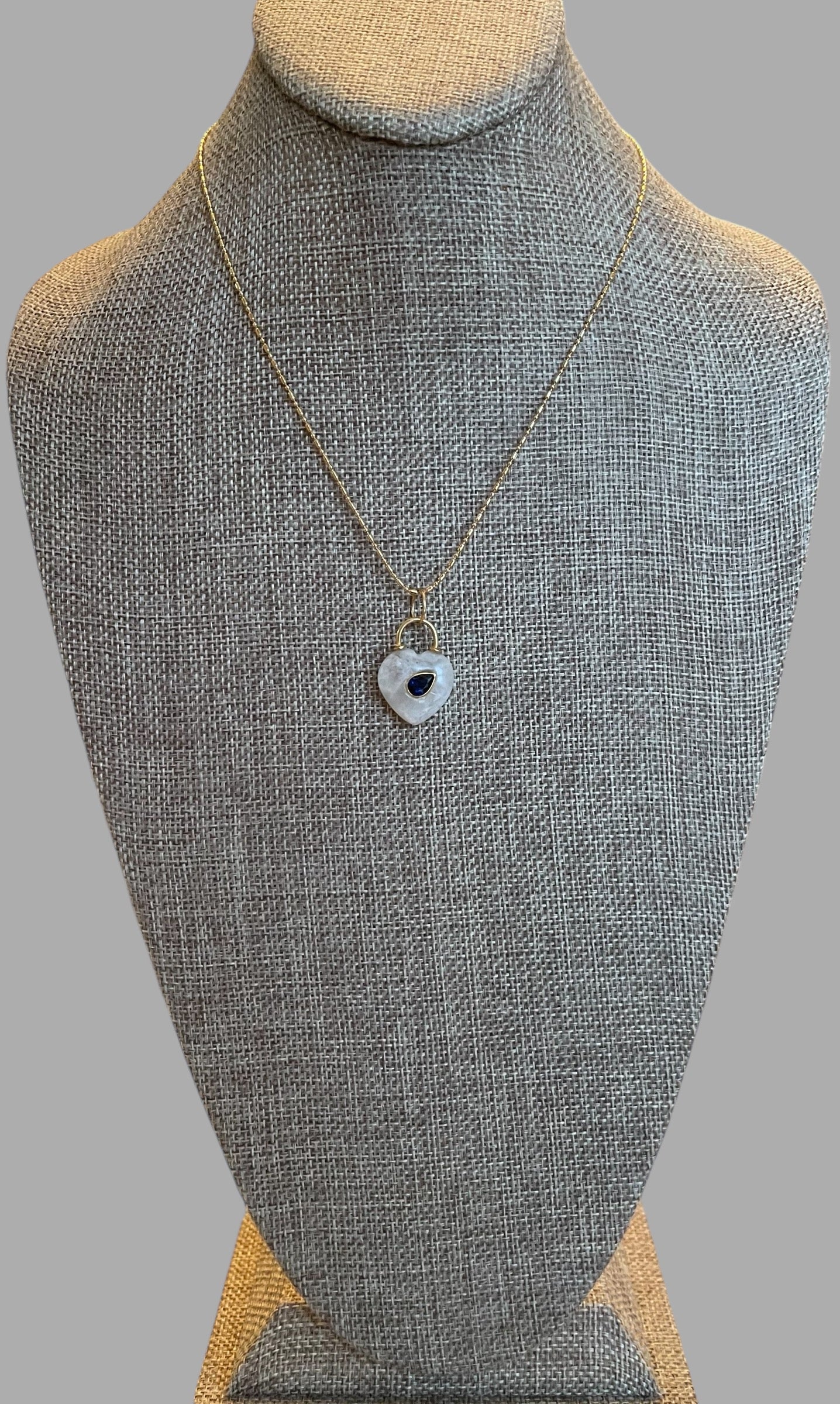 Moonlit Glow Necklace: Natural Moonstone Carved Heart Pendant w Blue CZ inset Gold Vermeil Chain OOAK