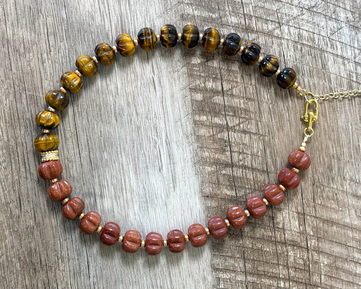 Autumn Afterglow: Carved Tiger Eye and Goldstone with gold and pavé accents OOAK