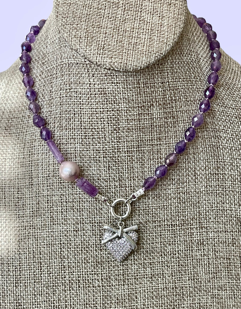 The Amelia Necklace OOAK: Faceted Amethyst hand knotted with a lavender Edison Pearl & pavé heart Silver accents