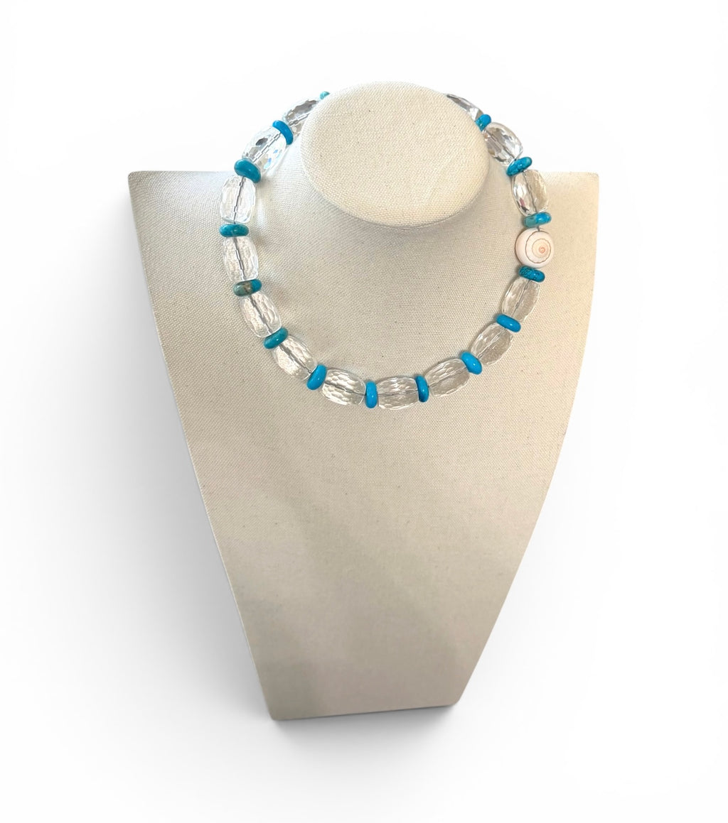 The Solstice Tide Necklace: faceted clear quartz and turquoise OOAK