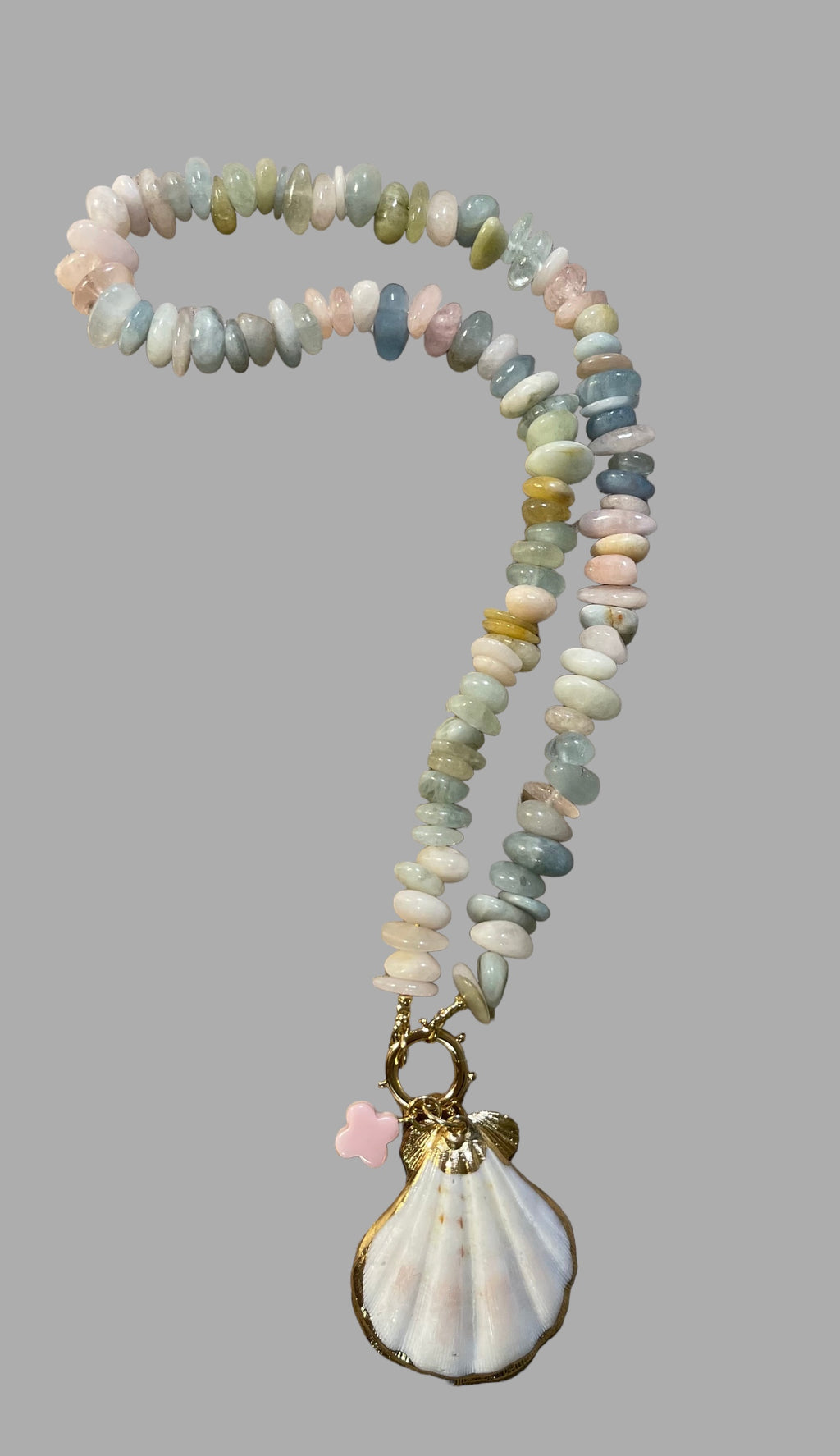 Pastel Charmer Necklace OOAK: Morganite Beryl beads Natural Seashell