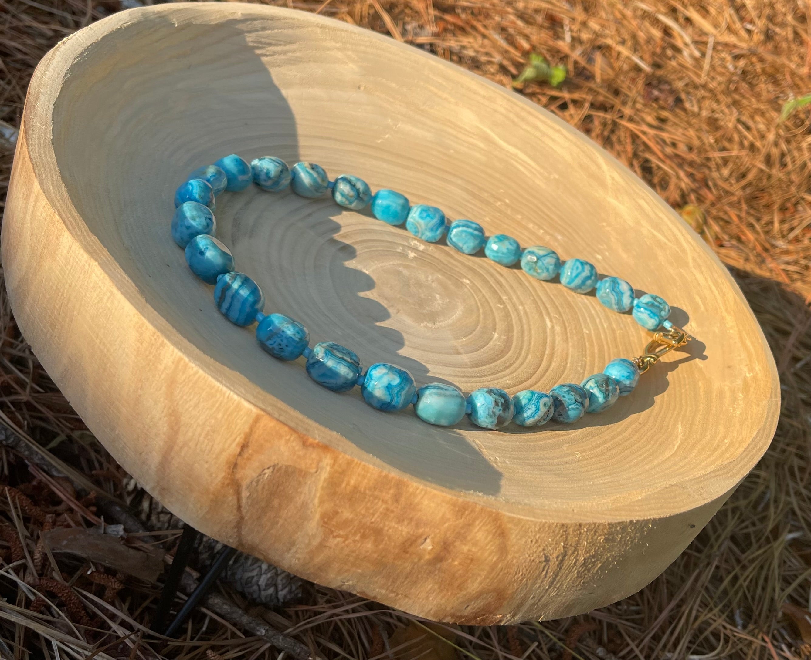 Cerulean Lace Necklace: Faceted Crazy Lace Agate with a deep gold luxe toggle clasp