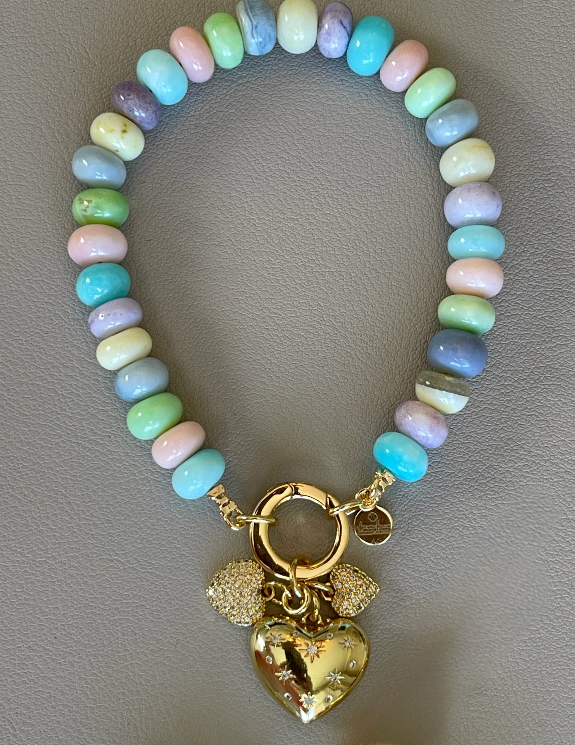 Candy Opal Hearts Bracelet: Candy colored Opals with gold CZ accent charms and gold clasp OOAK