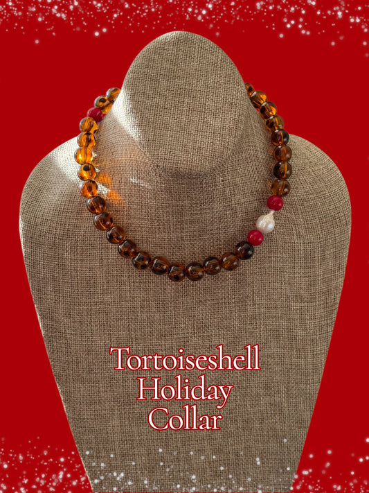 Tortoiseshell Holiday Collar: Resin beads with a natural Baroque Pearl and red glass beads Limited Edition