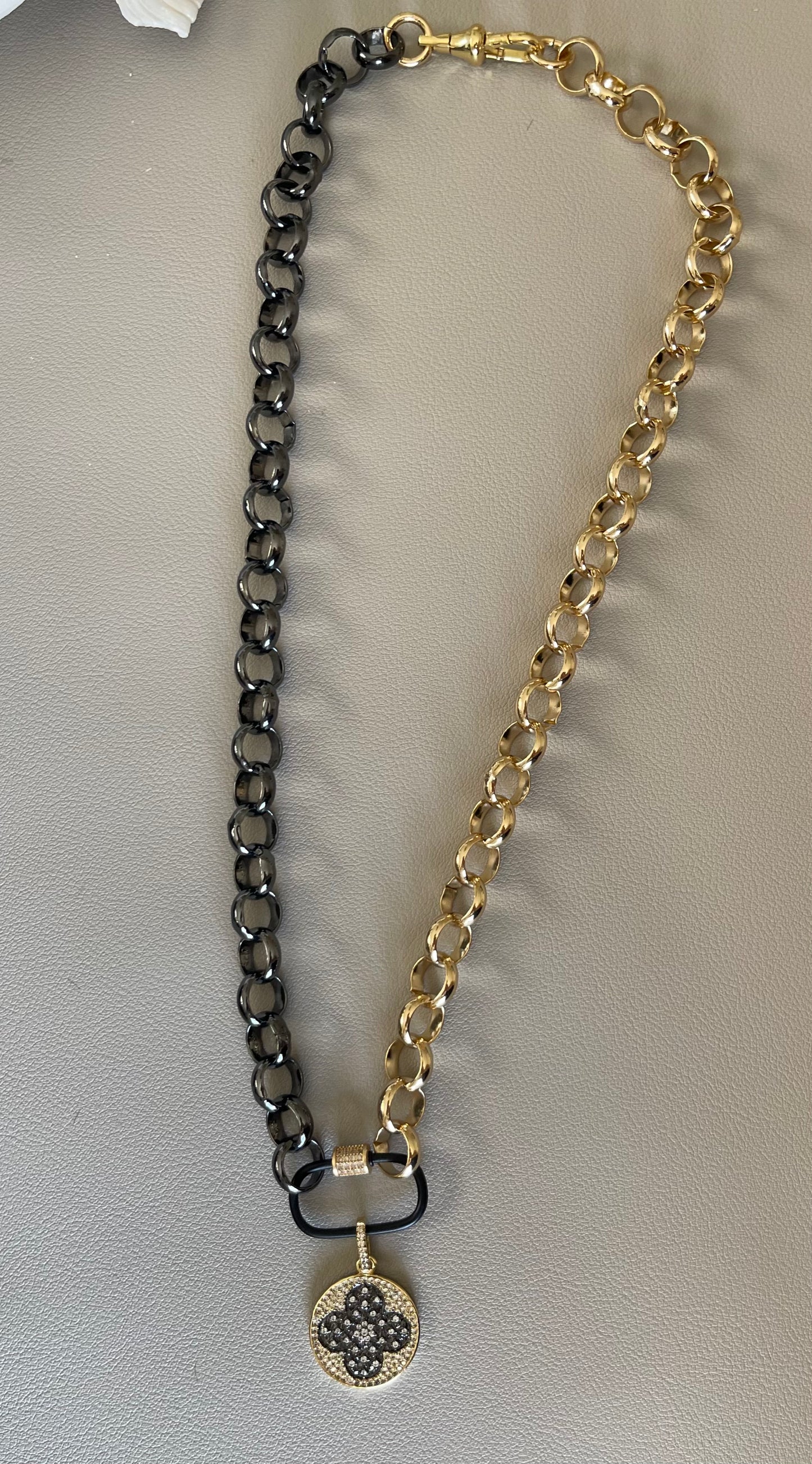 Clover Flower Necklace: Deep Gunmetal and Gold Rolo chain with black carabiner sporting a pavé charm OOAK