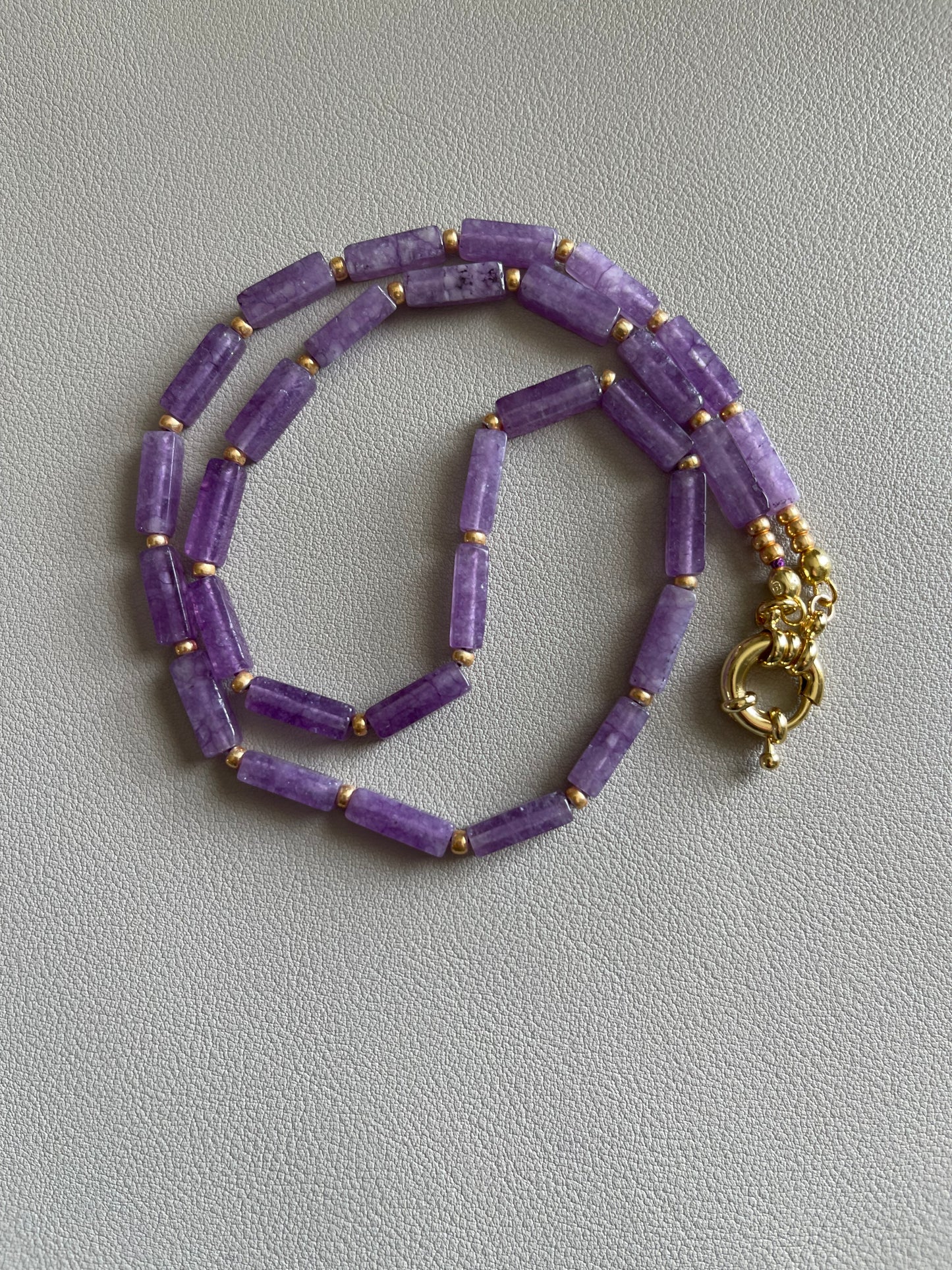 OOAK Amethyst Tube Shaped Beads with Gold Accents Necklace Strung on silk