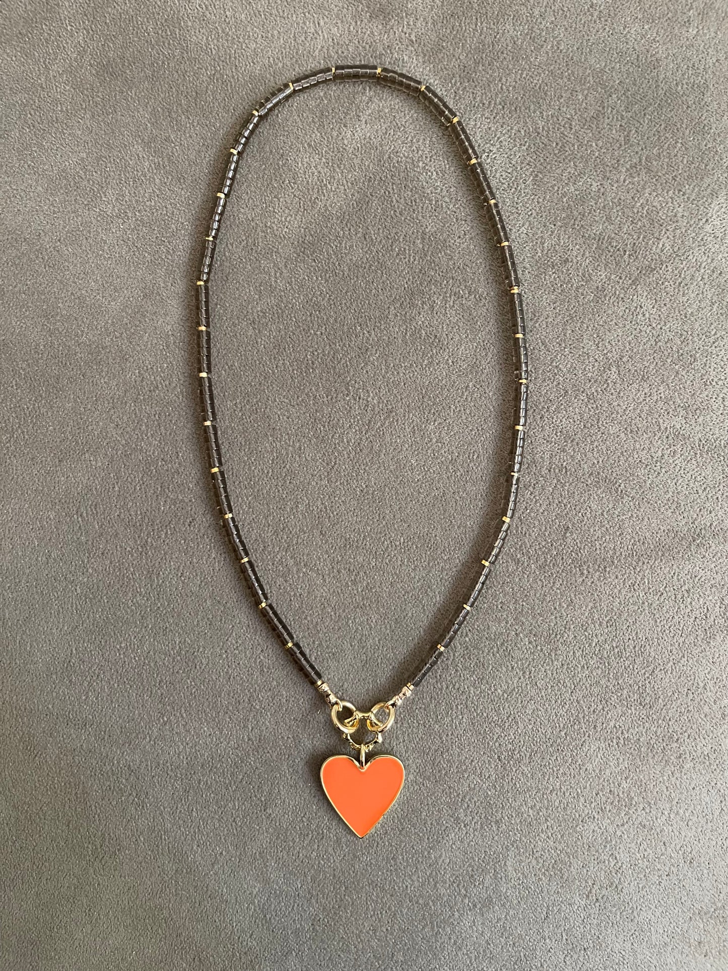 Orange Heart Necklace: Smokey Quartz Heishi Cut Beads w Gold Accents and Orange Enameled Heart Charm