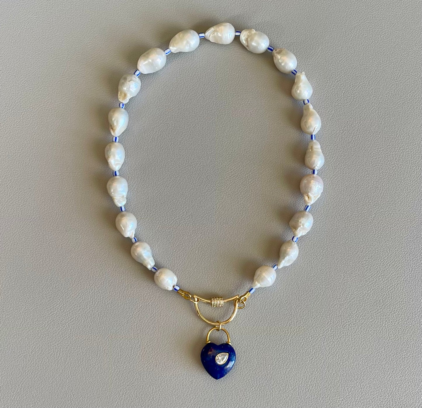 The Gabrielle Necklace: High Quality Baroque Pearls, Blue accent beads and a Lapis Lazuli Heart Pendant OOAK