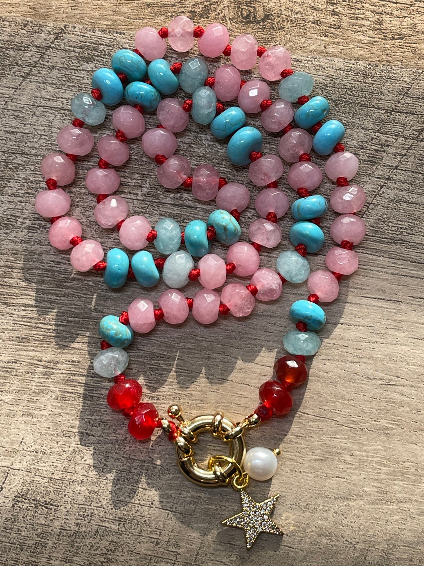 Ms. America: Hand-knotted Natural Stones on red silk w Charms 🇺🇸