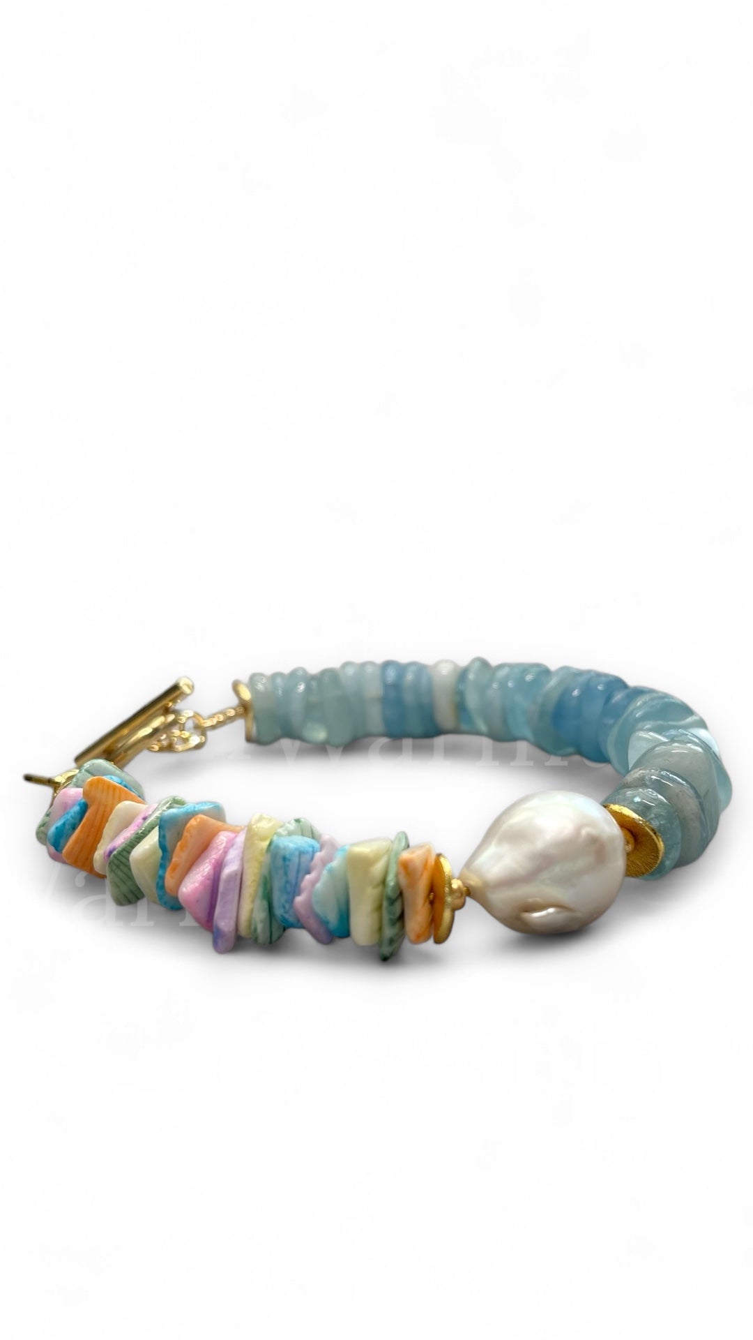 Chic Island Bracelets: Pastel dyed Puka shell, Flawless Baroque Pearl, Aquamarine OR Rose Quartz, Gold accents