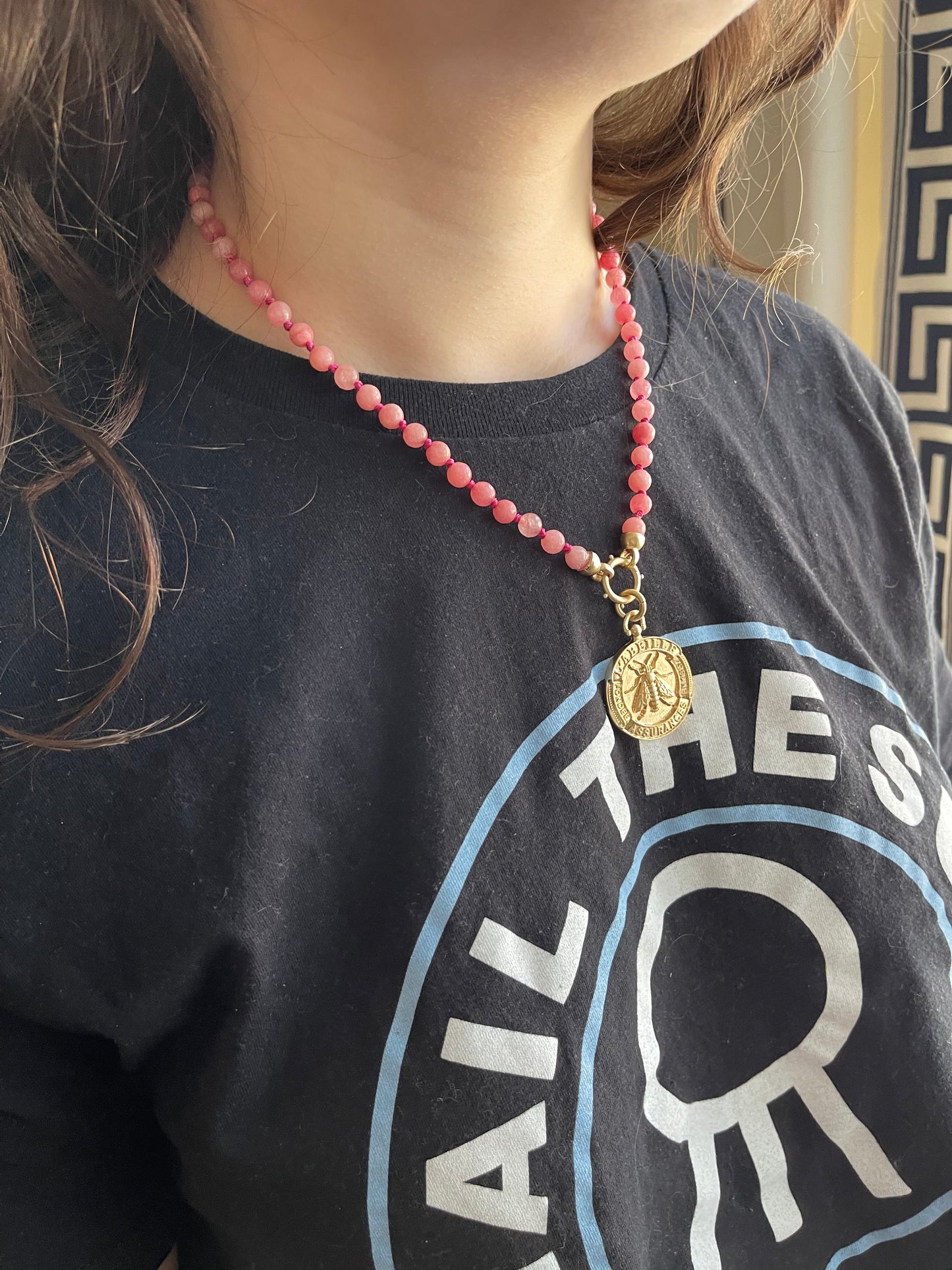 Janet Ann Necklace: Hand-knotted Dark Peach Agate beads w Gold French Replica Bee Coin Pendant