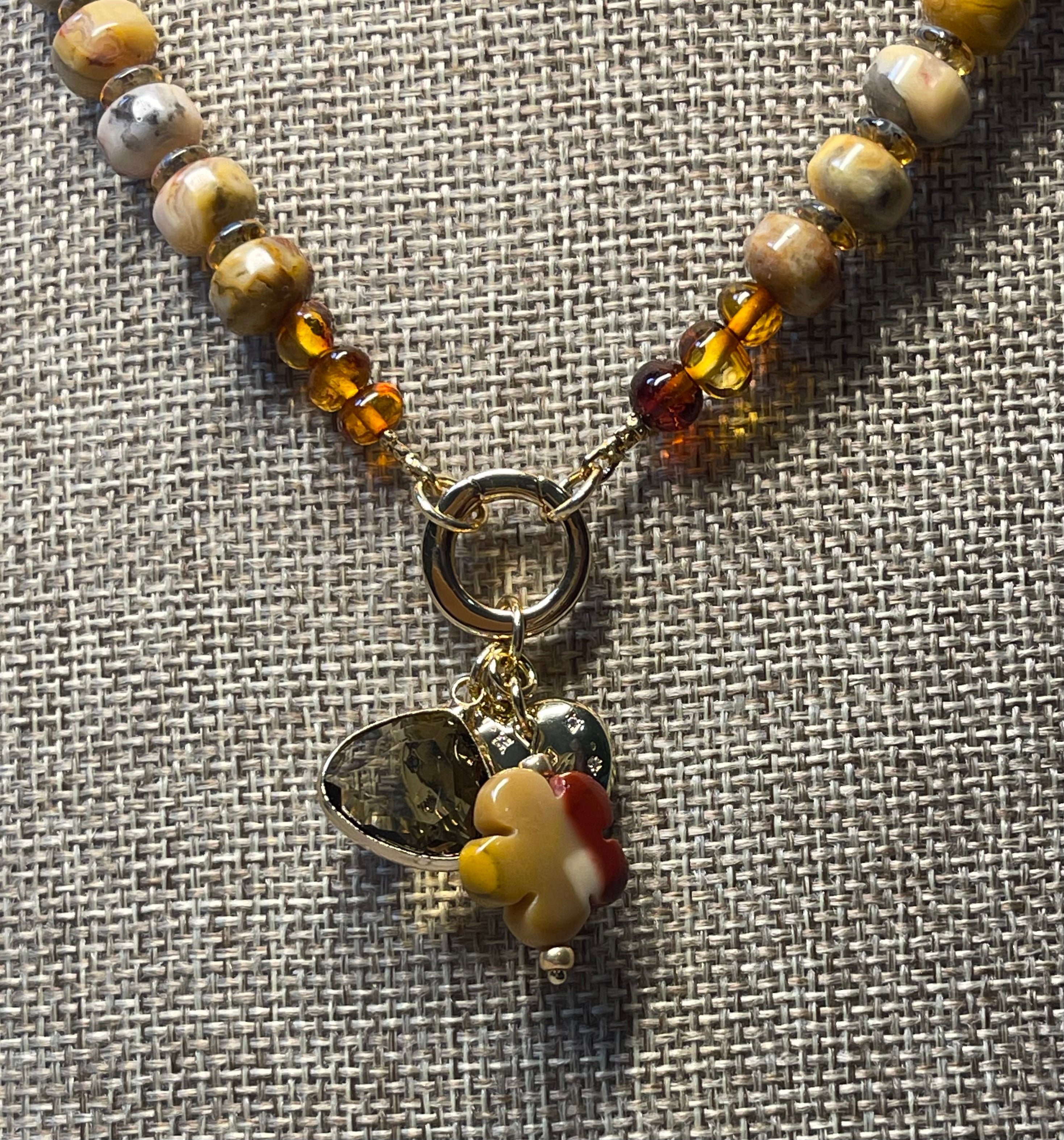 Autumn’s Embrace Necklace: Crazy Lace Agate natural stones in warm tones, Accented w Czech glass, Baltic stones and Gold charms