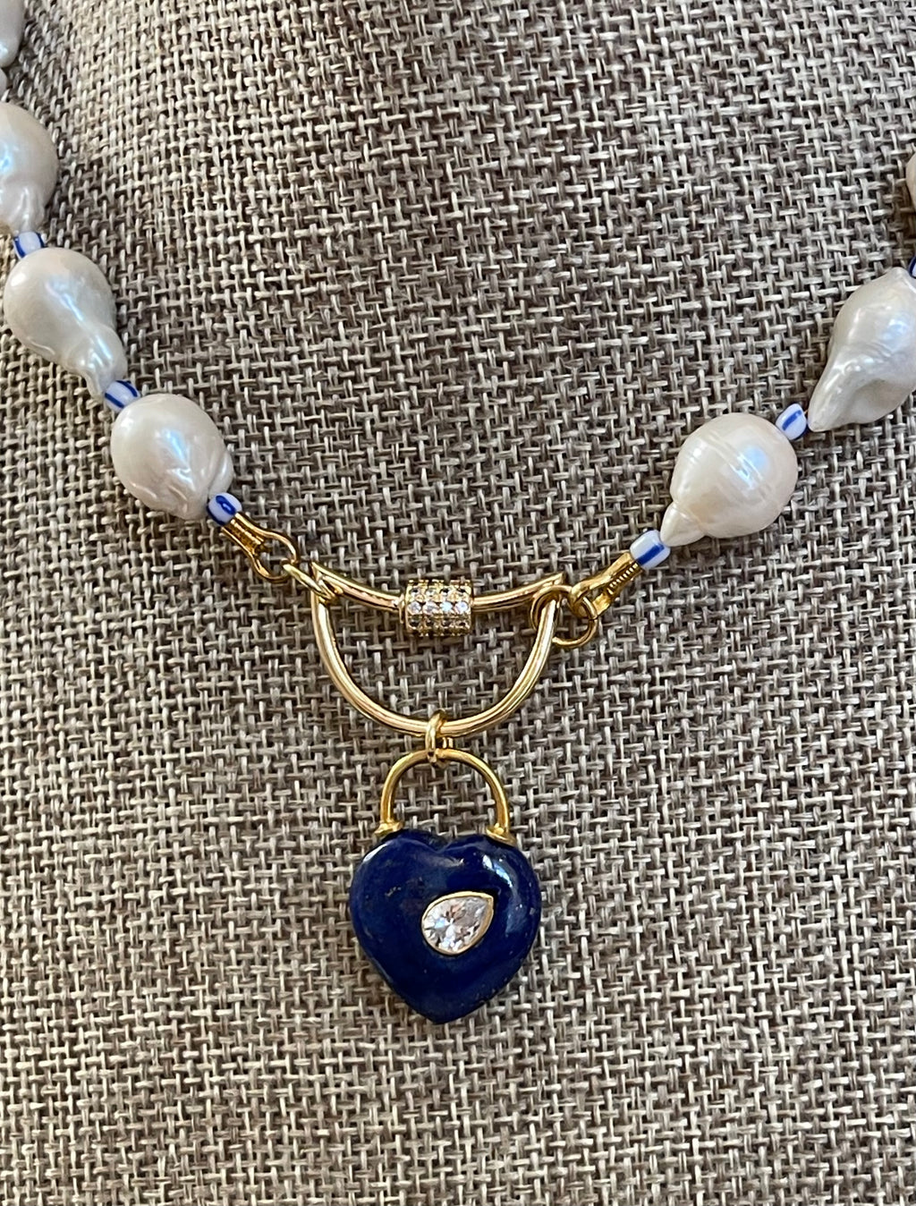 The Gabrielle Necklace: High Quality Baroque Pearls, Blue accent beads and a Lapis Lazuli Heart Pendant OOAK