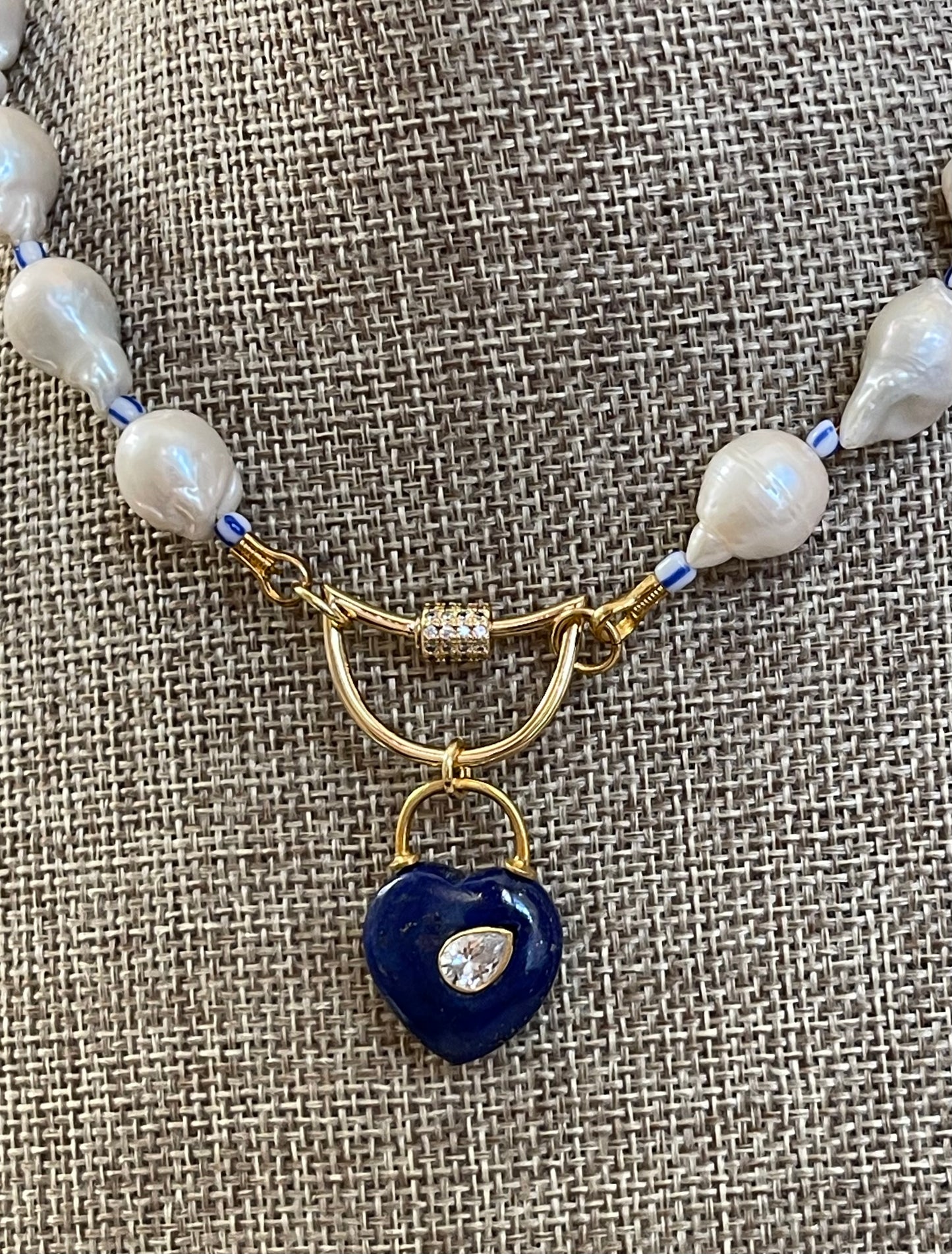 The Gabrielle Necklace: High Quality Baroque Pearls, Blue accent beads and a Lapis Lazuli Heart Pendant OOAK