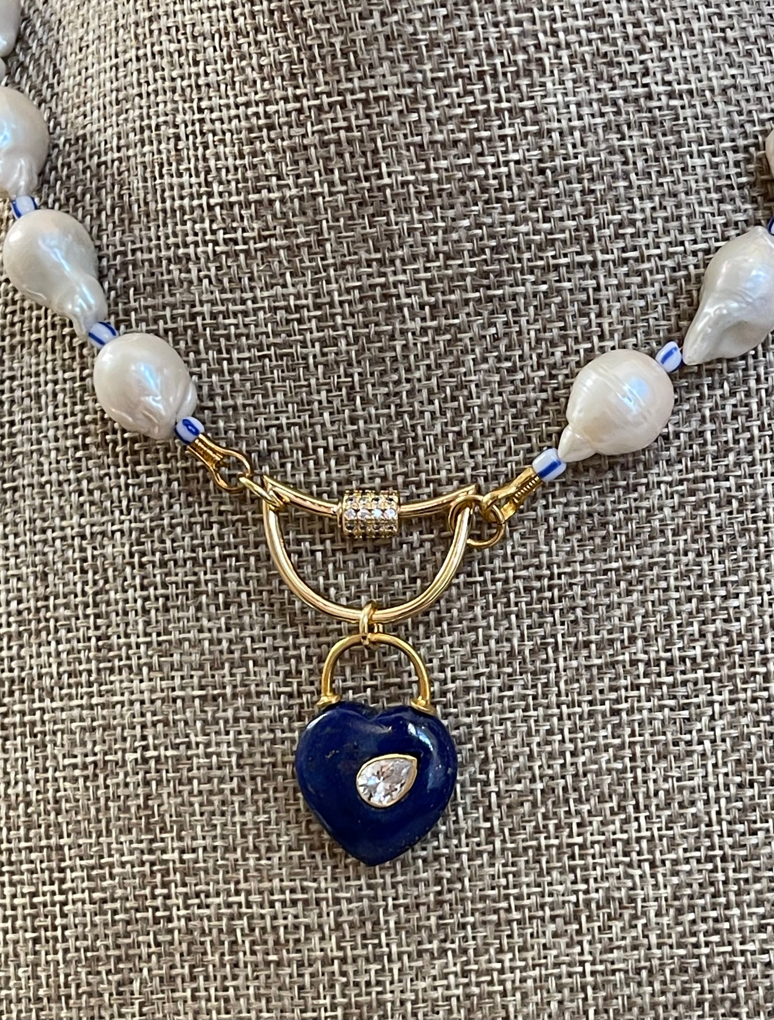 The Gabrielle Necklace: High Quality Baroque Pearls, Blue accent beads and a Lapis Lazuli Heart Pendant OOAK