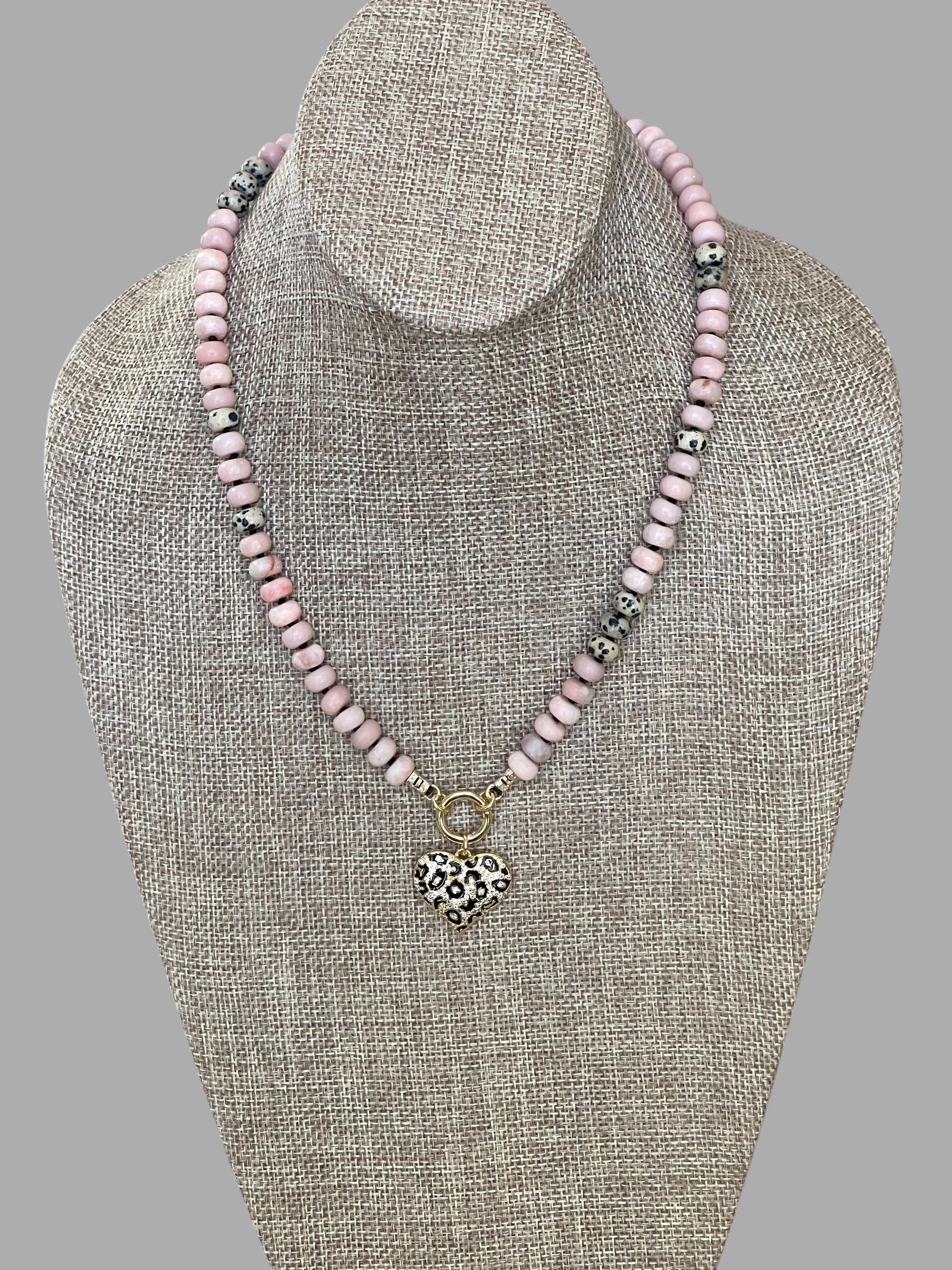 The Pink Leopard Necklace: Natural matte pink opals hand knotted on black silk w Dalmatian Jasper accents Gold pavé leopard heart OOAK