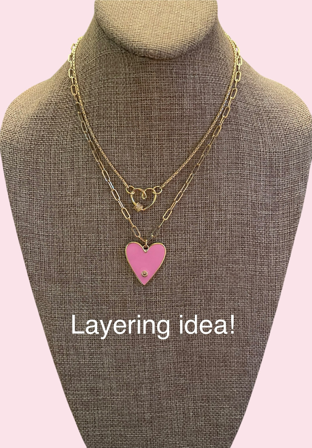 Pretty Paperclip Necklace: Gold Paperclip chain with gorgeous enameled heart pendant OOAK